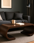 Waterfall Scroll Table with Crackled Brown Faux Leather