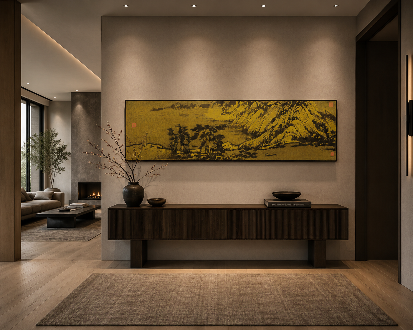 Black metal landscape wall panel with mountain and river scene above dark console and vases in modern hallway.