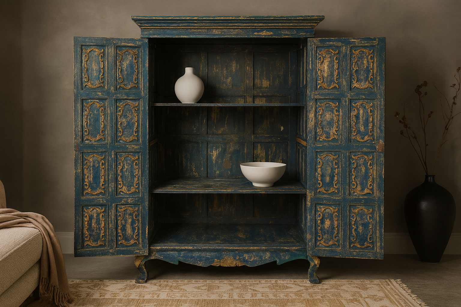Large Turquoise Blue and Gold Cabinet with Cabriole Legs-1. Asian &amp; Chinese Furniture, Art, Antiques, Vintage Home Décor for sale at FEA Home