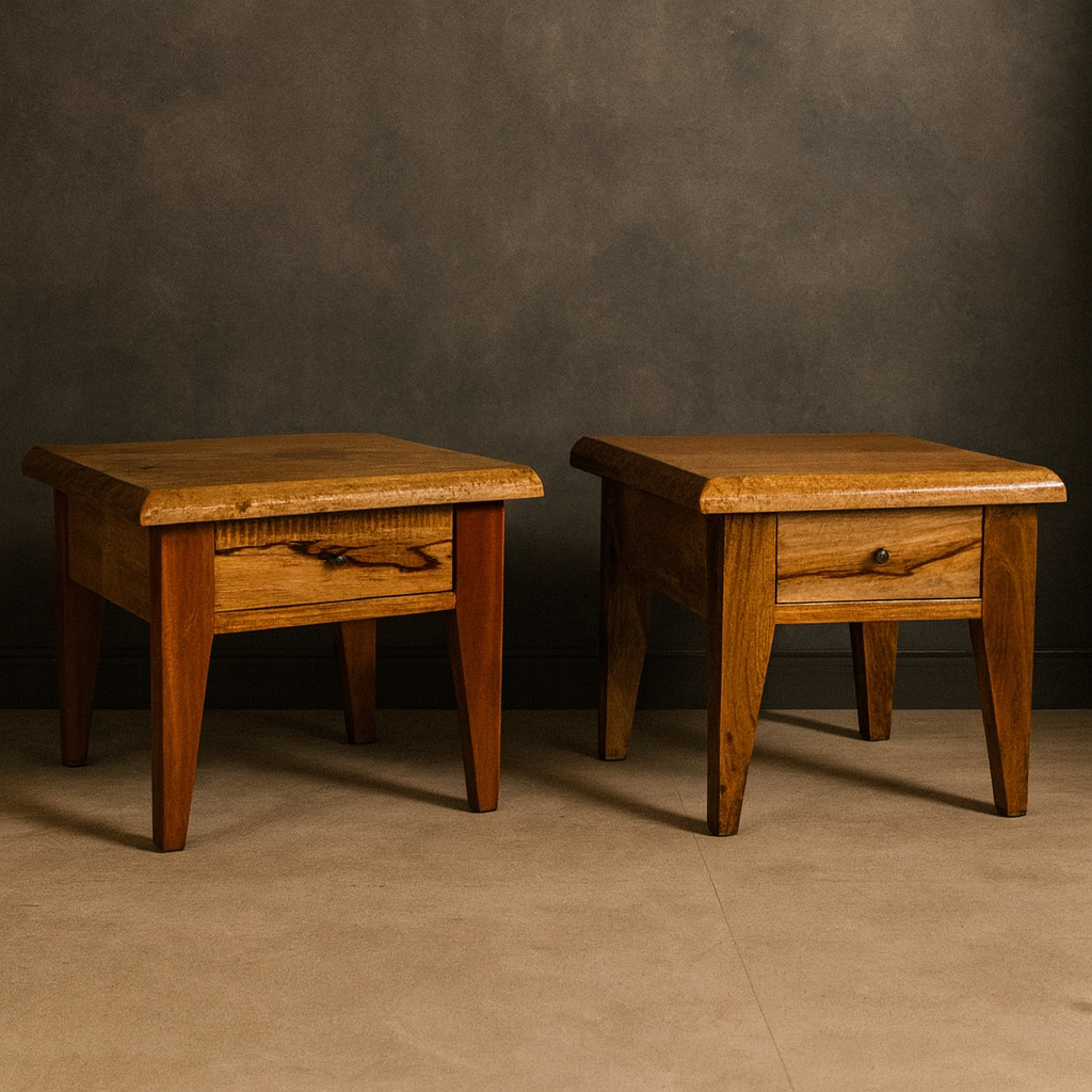 Near Pair of Mango Wood Midcentury Low Side Tables with Single Drawers-1. Asian &amp; Chinese Furniture, Art, Antiques, Vintage Home Décor for sale at FEA Home