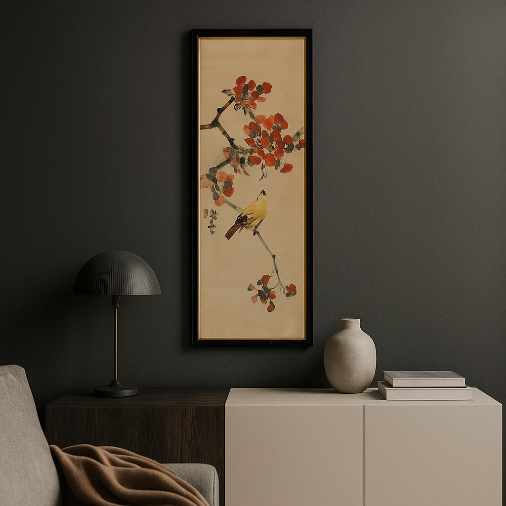 Framed Watercolor Painting of Bird on Flowering Branch-1. Asian & Chinese Furniture, Art, Antiques, Vintage Home Décor for sale at FEA Home