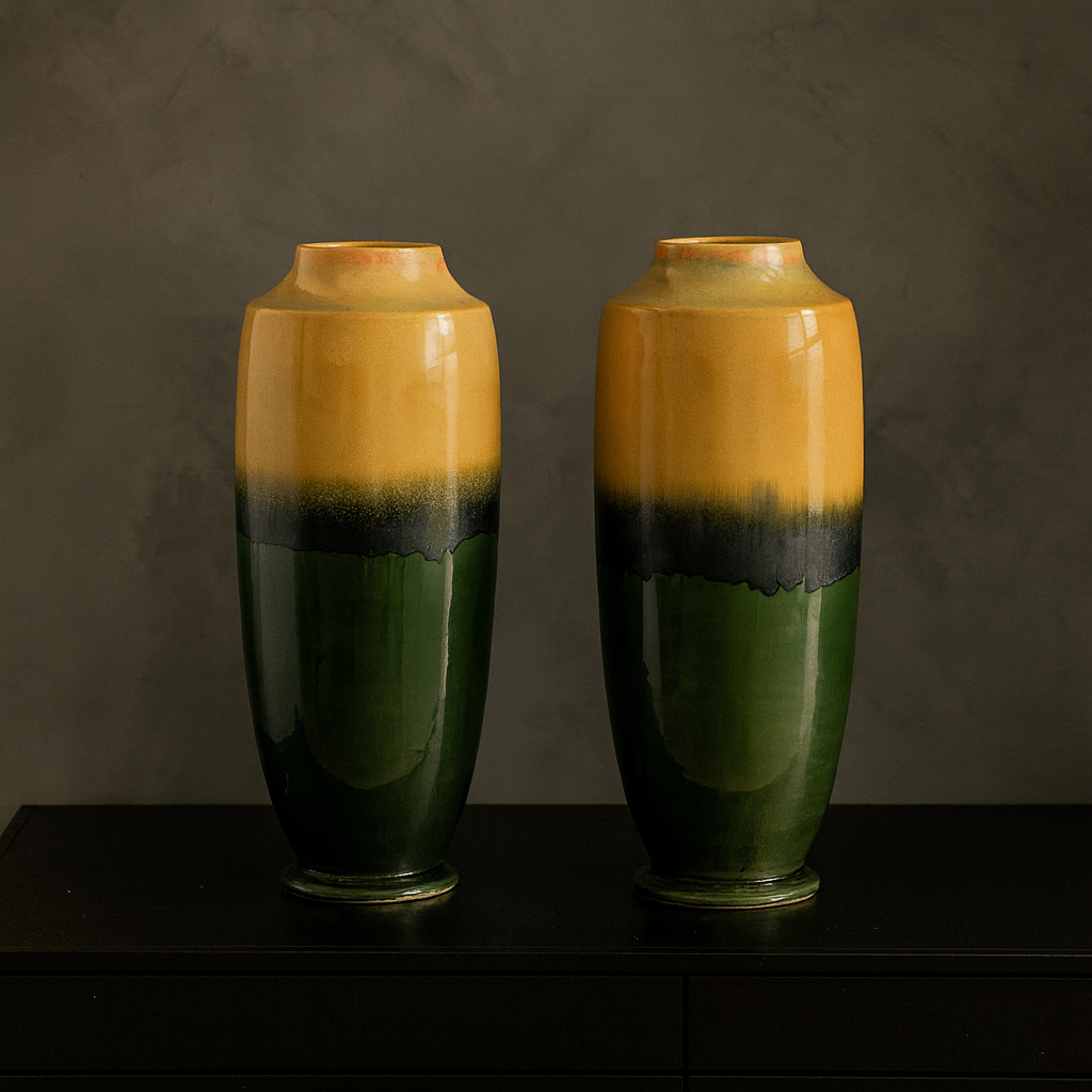 Pair of Tall Artisan Ceramic Vases with Mustard, Black, and Deep Green Glaze-1. Asian & Chinese Furniture, Art, Antiques, Vintage Home Décor for sale at FEA Home