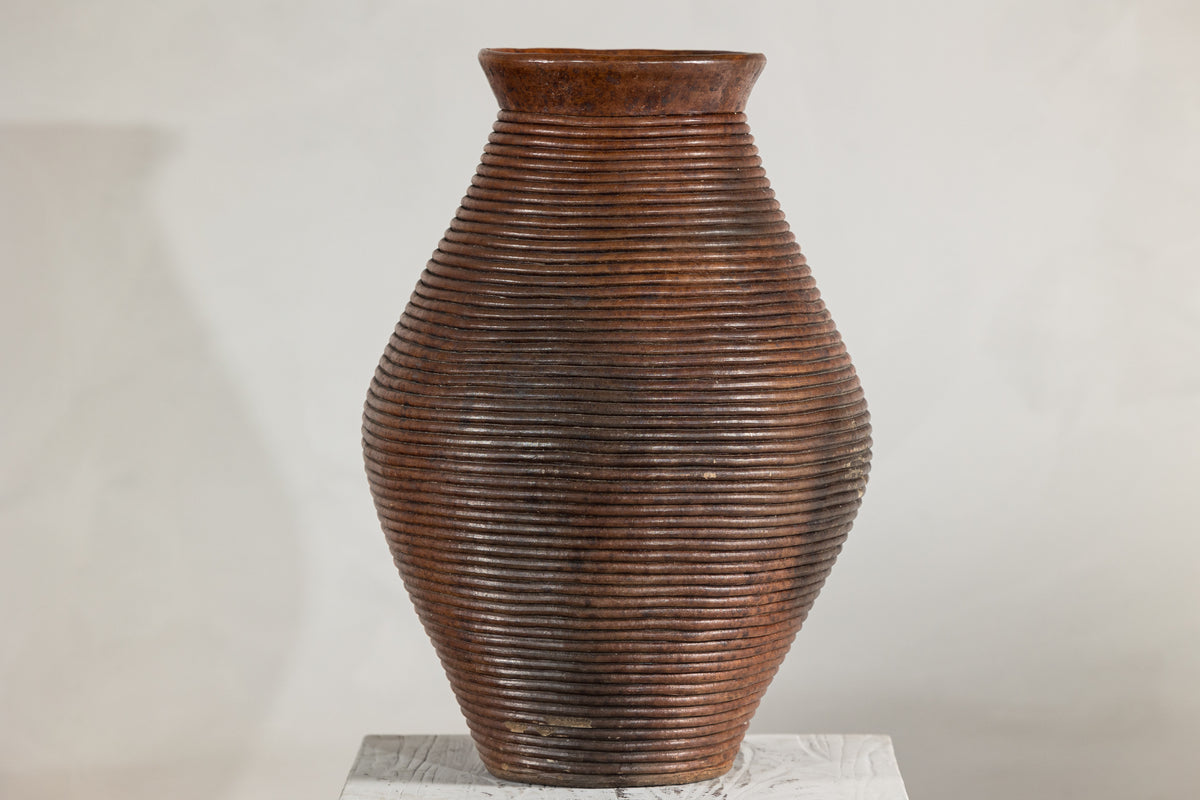 Ribbed Vintage Pottery Vase with Burnished Surface