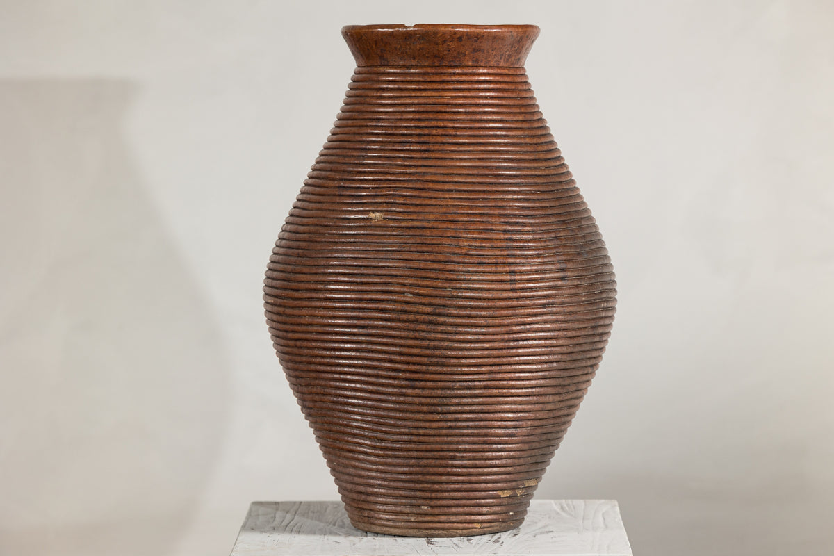 Ribbed Vintage Pottery Vase with Burnished Surface