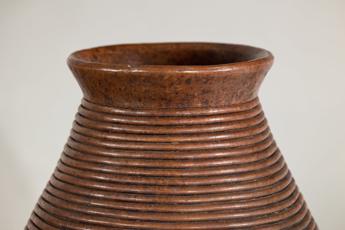 Ribbed Vintage Pottery Vase with Burnished Surface