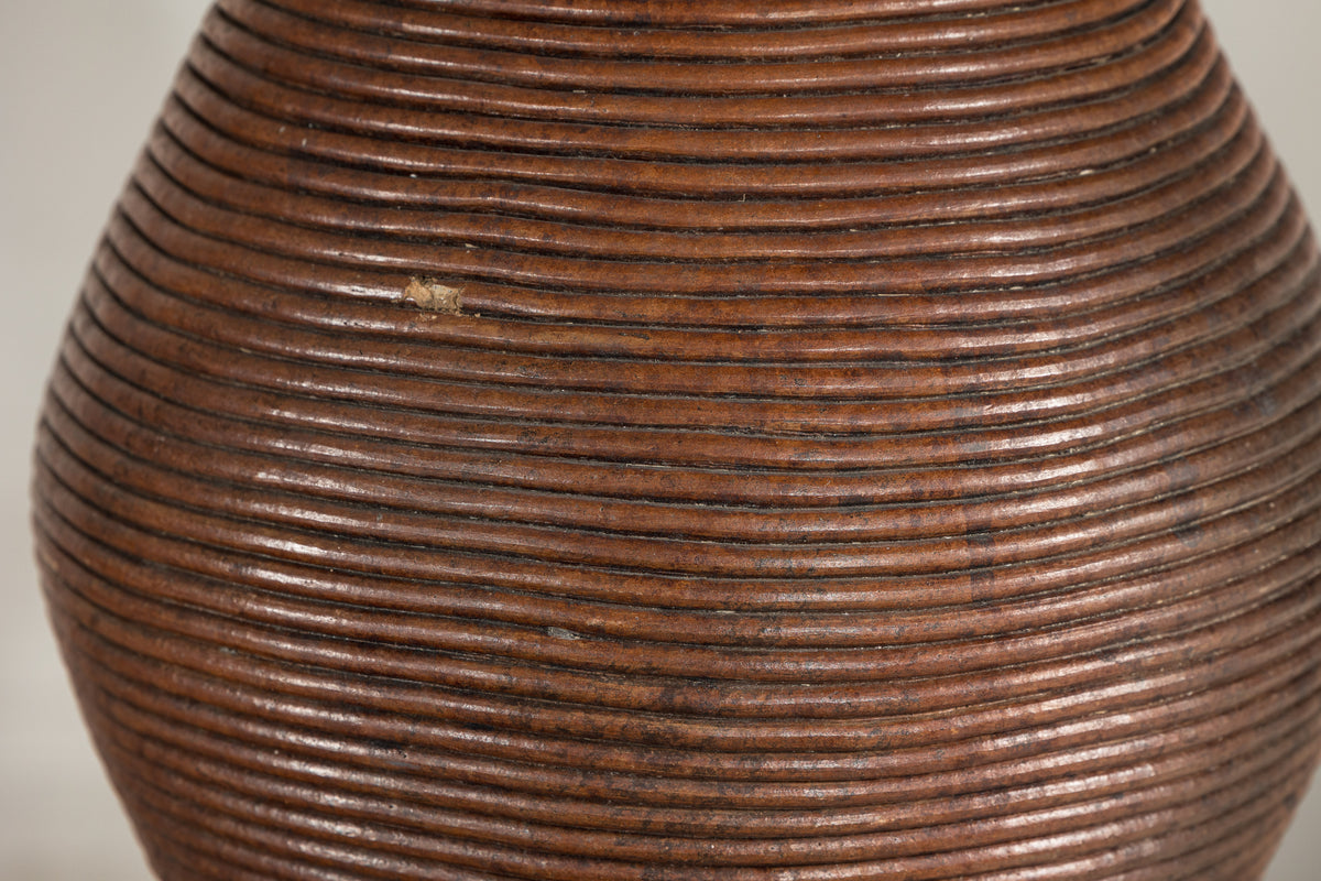 Ribbed Vintage Pottery Vase with Burnished Surface