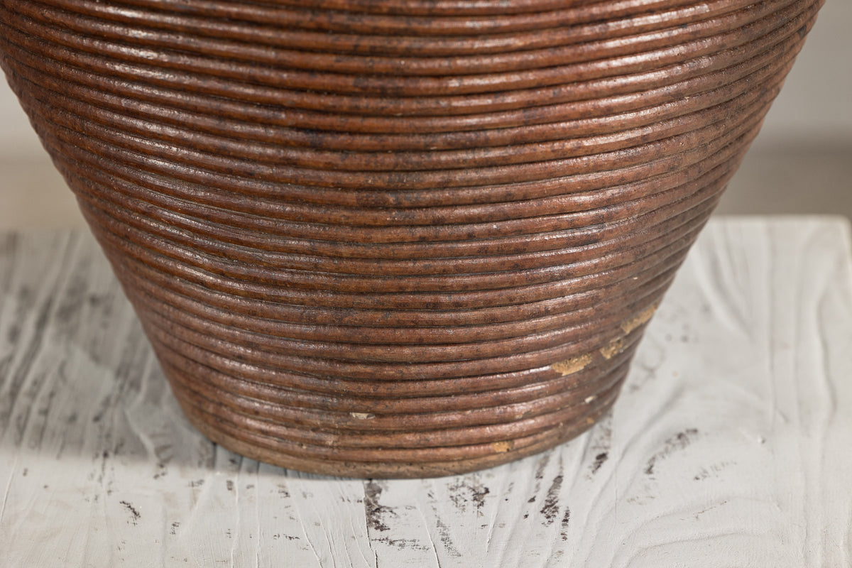 Ribbed Vintage Pottery Vase with Burnished Surface