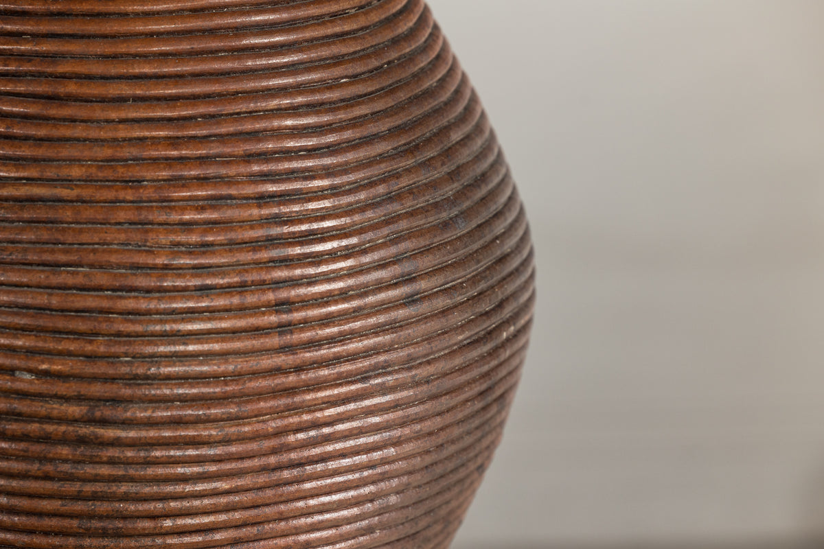 Ribbed Vintage Pottery Vase with Burnished Surface