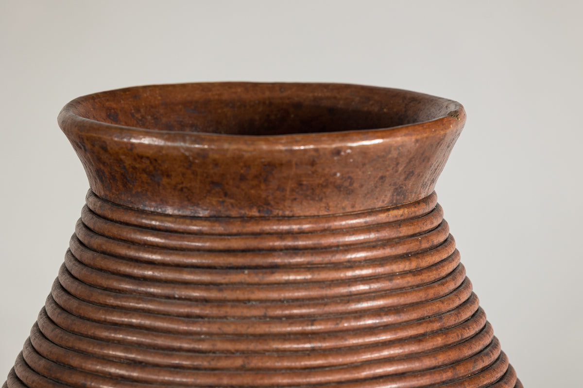 Ribbed Vintage Pottery Vase with Burnished Surface