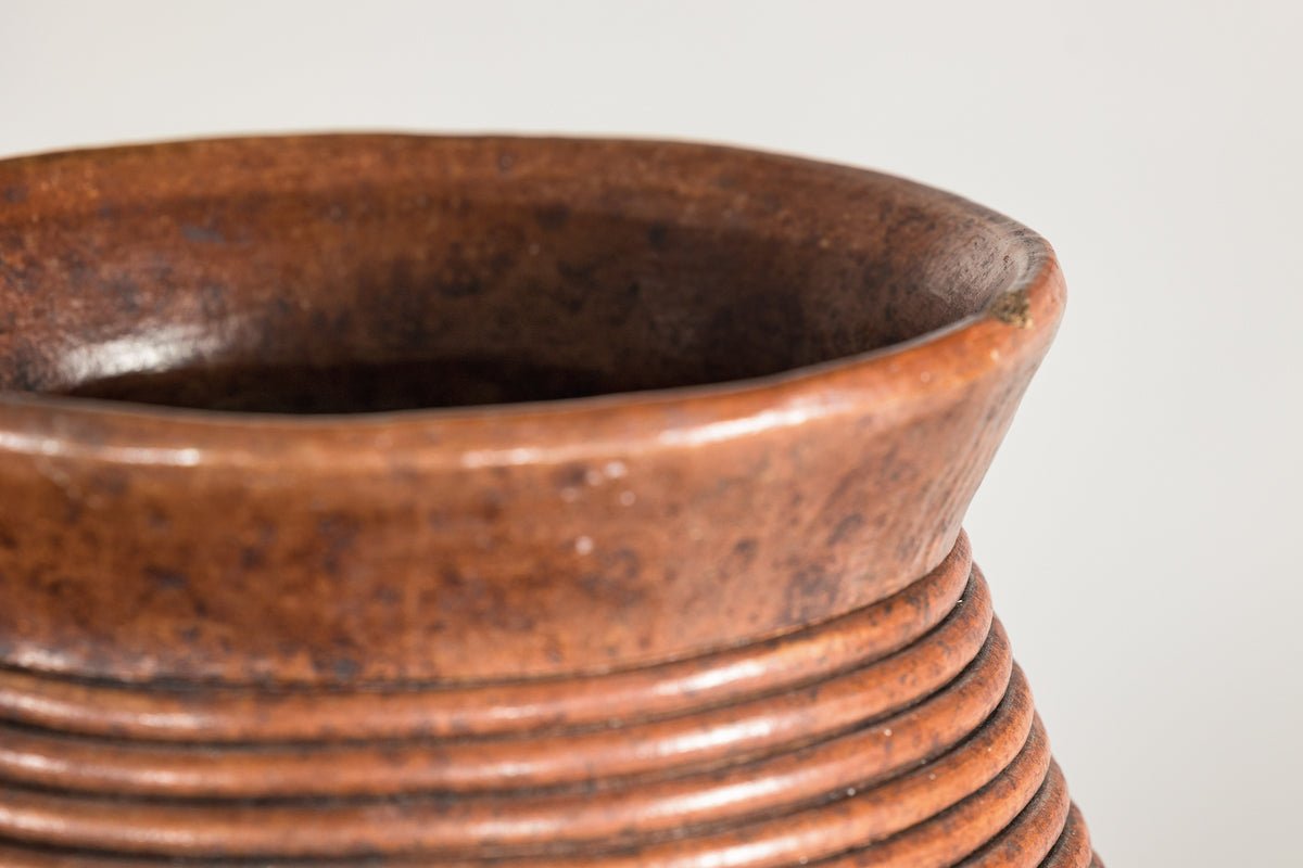 Ribbed Vintage Pottery Vase with Burnished Surface