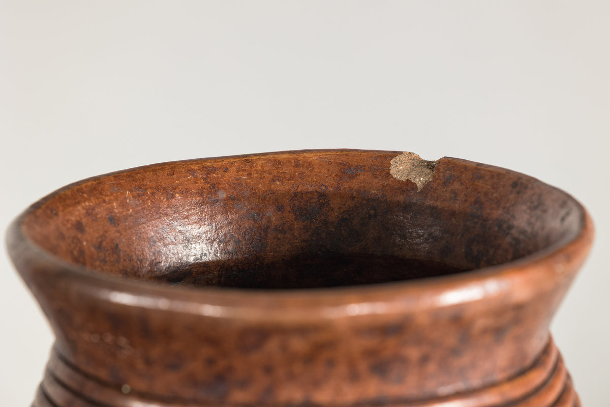Ribbed Vintage Pottery Vase with Burnished Surface