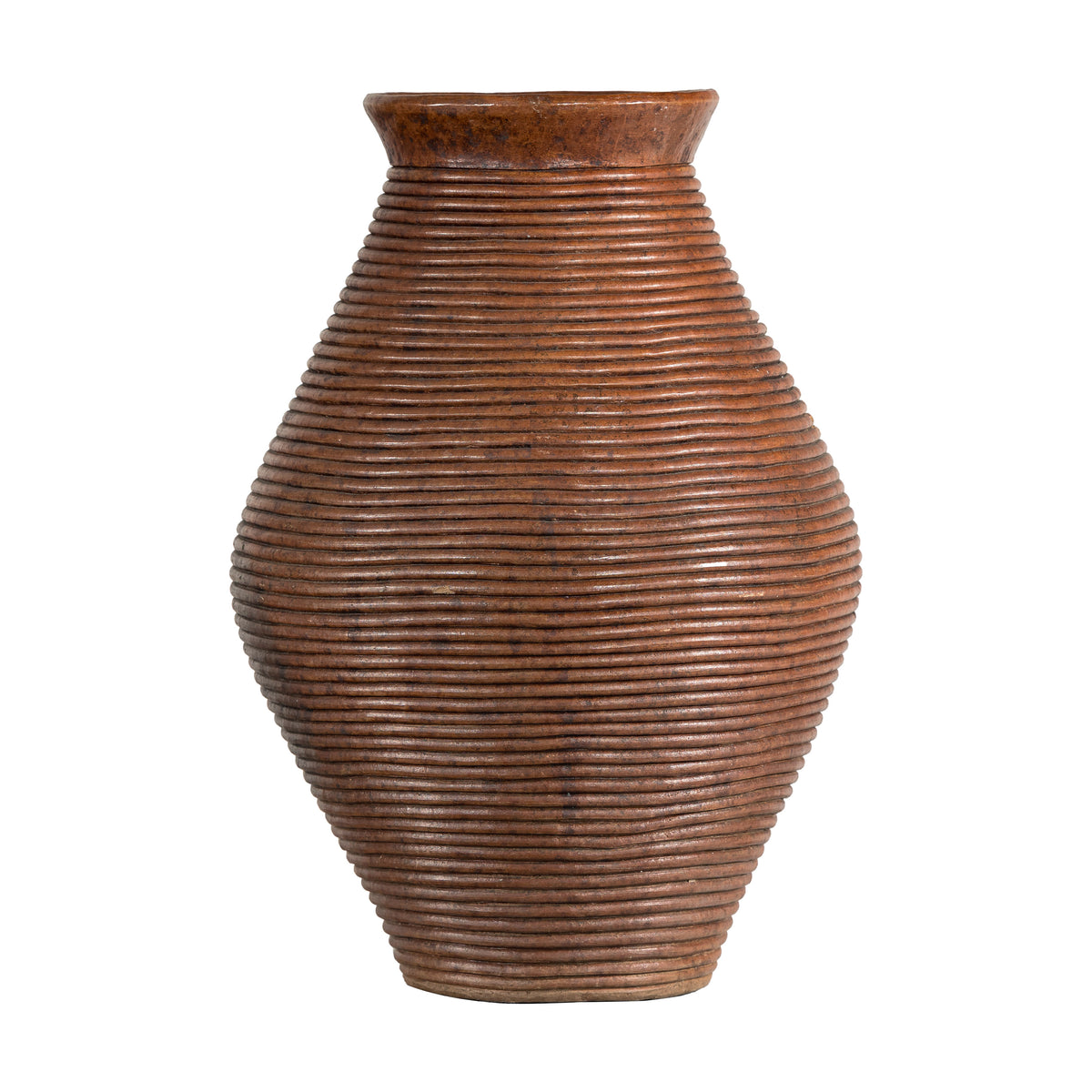 Brown ceramic ribbed vase with burnished finish, narrow neck and wide body, close-up on white background.
