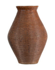 Brown ceramic ribbed vase with burnished finish, narrow neck and wide body, close-up on white background.