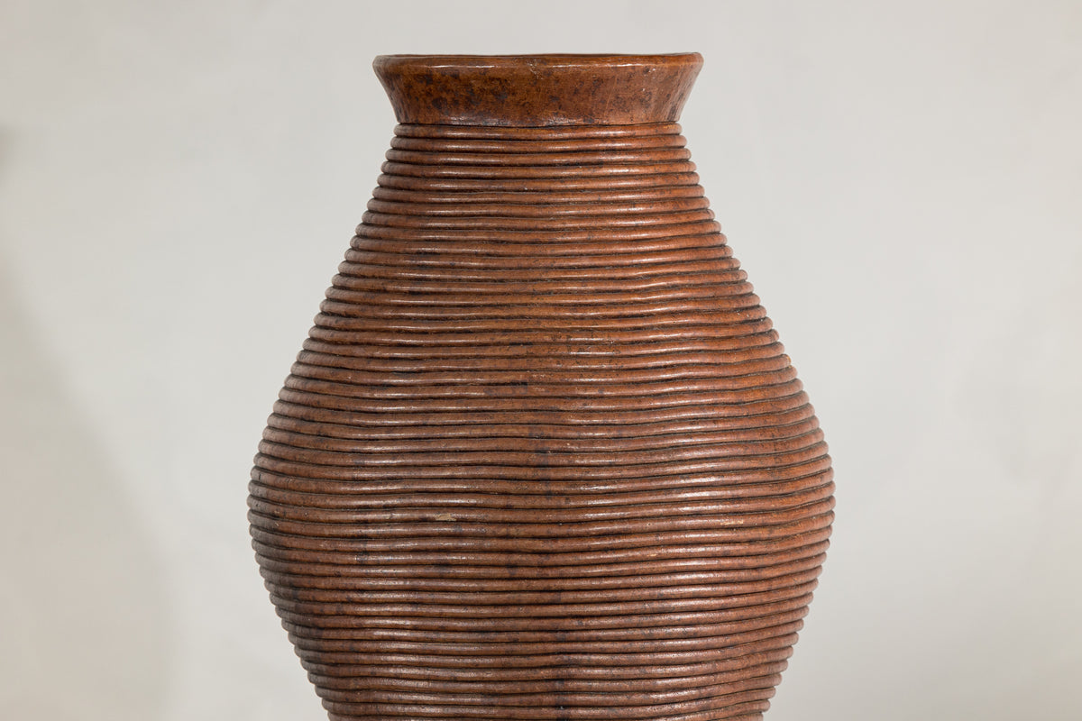Ribbed Vintage Pottery Vase with Burnished Surface