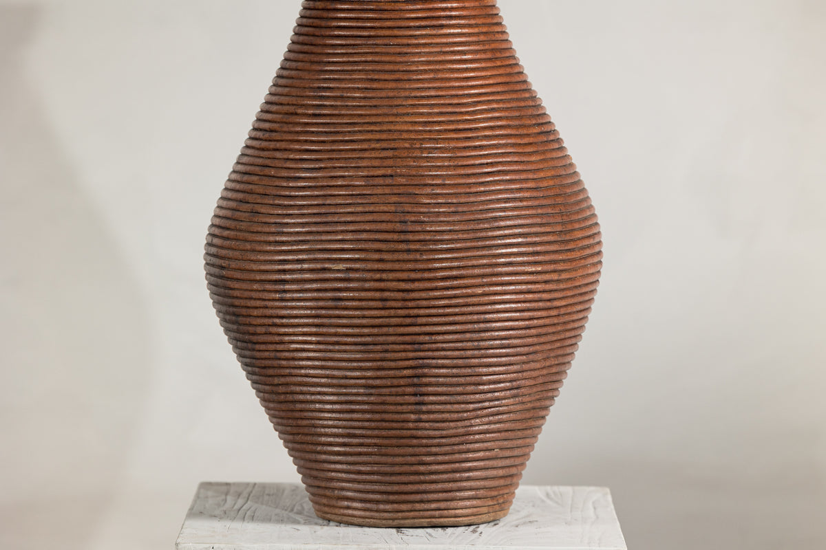 Ribbed Vintage Pottery Vase with Burnished Surface