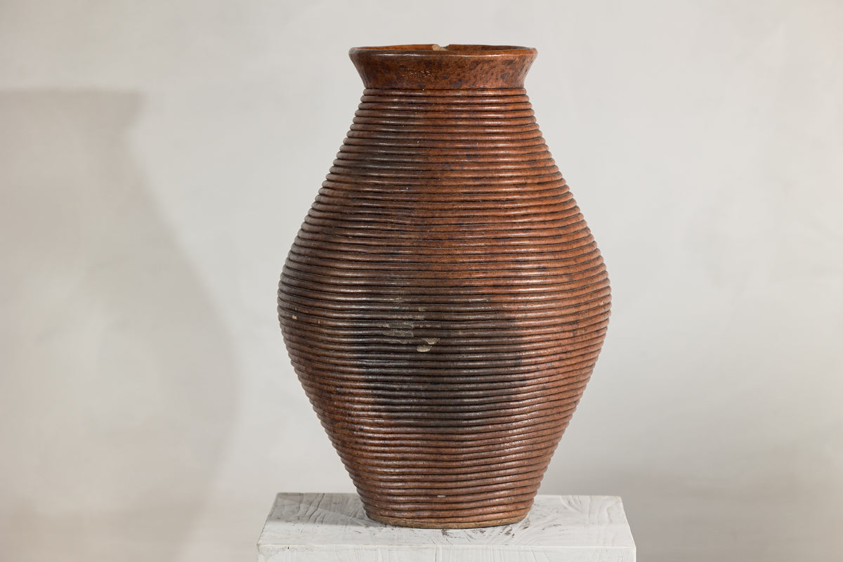 Ribbed Vintage Pottery Vase with Burnished Surface