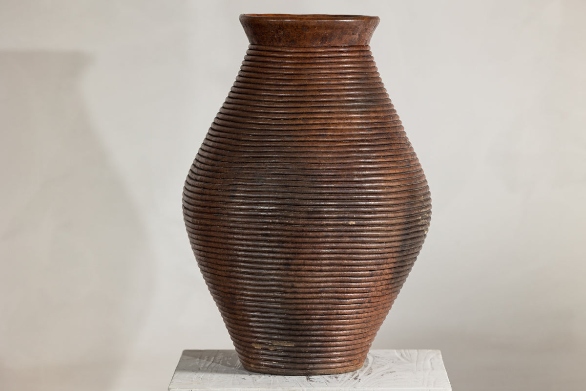 Ribbed Vintage Pottery Vase with Burnished Surface