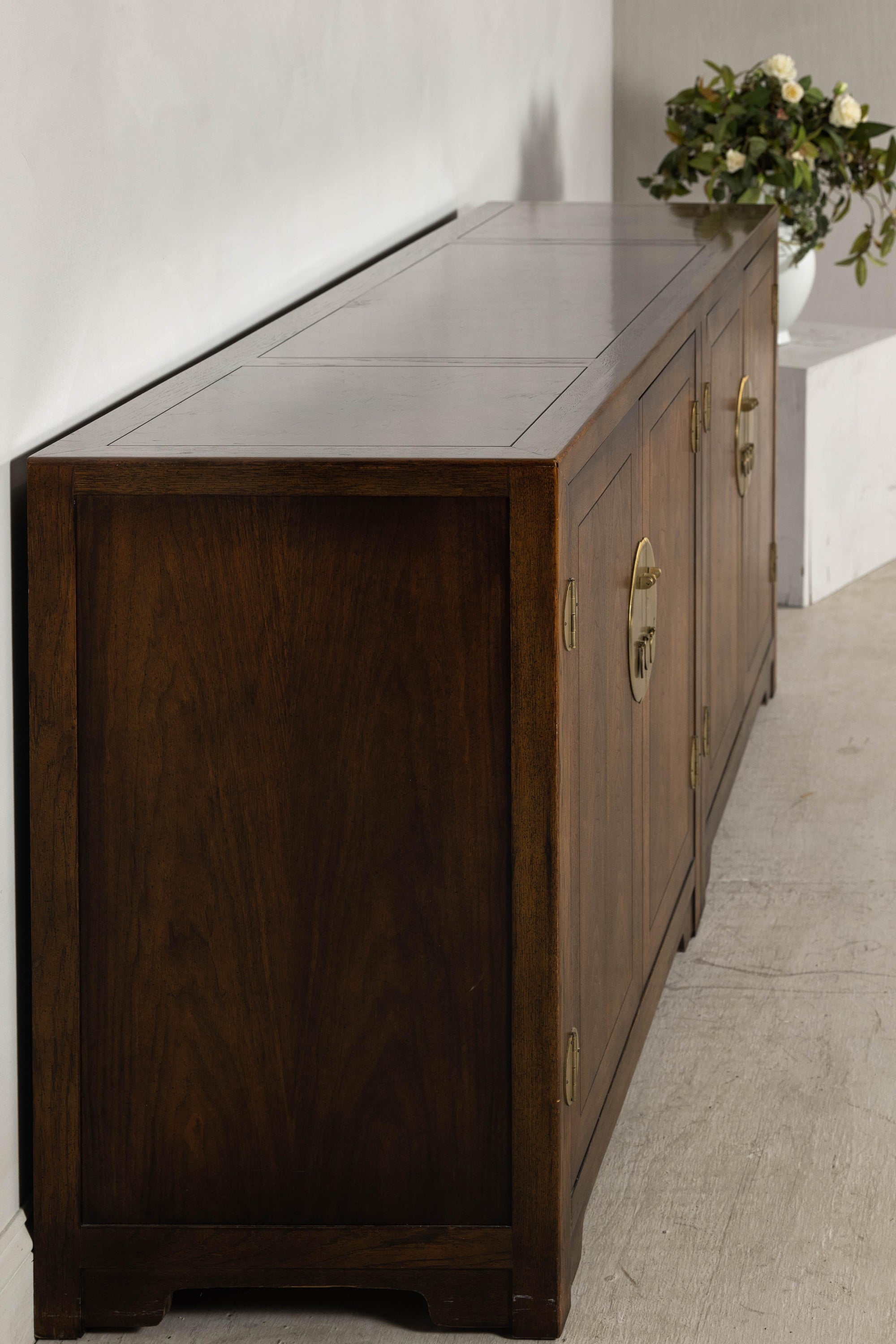 Baker Furniture Sideboard with Brass Hardware and Burl Wood Inlay
