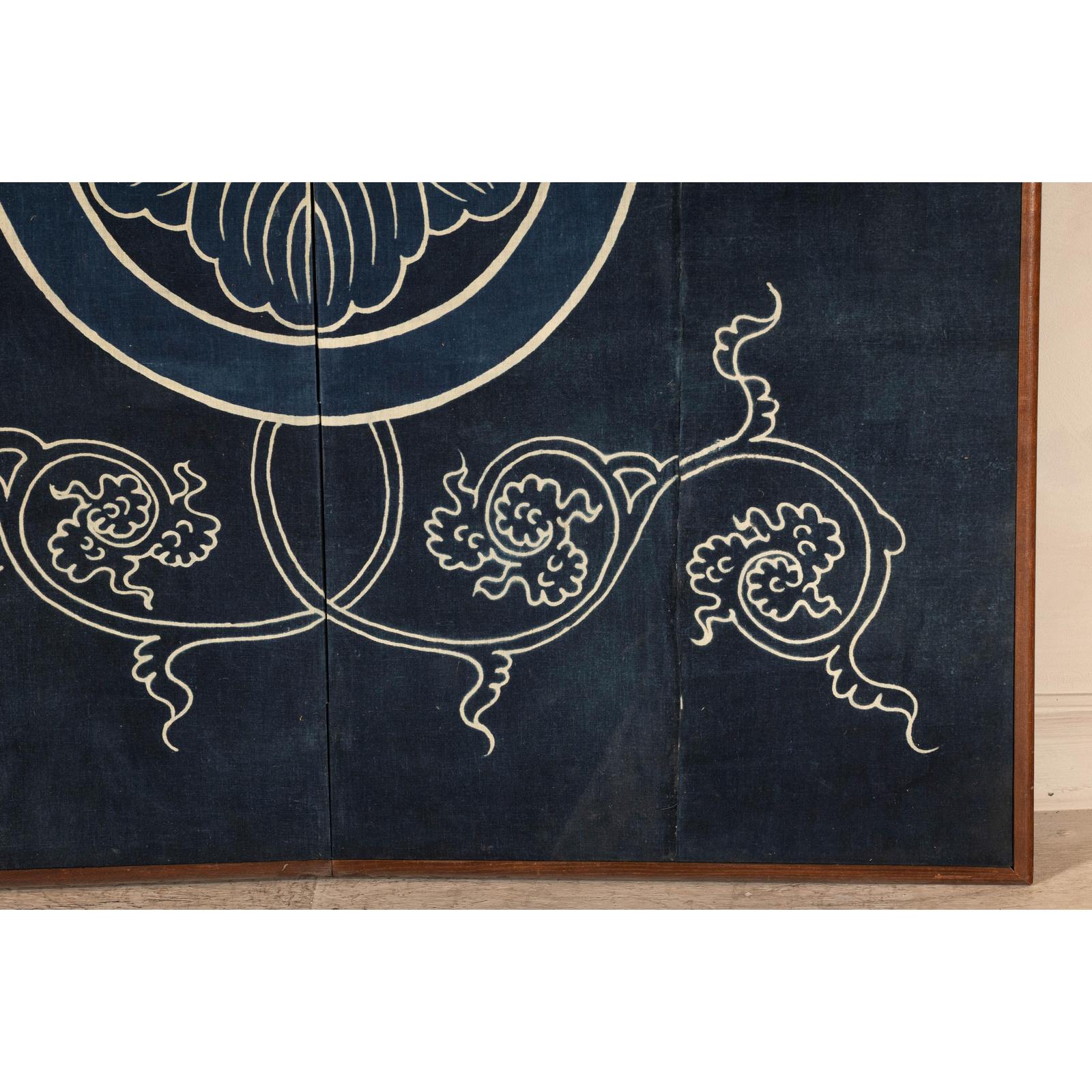 Indigo Panel with Crest Motif in Wooden Frame