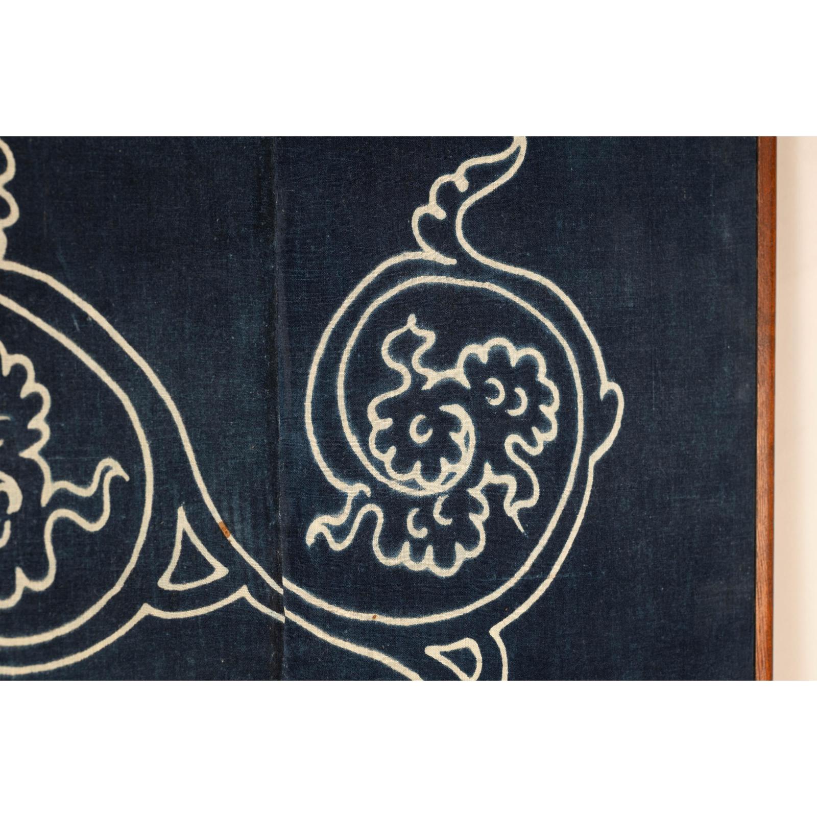 Indigo Panel with Crest Motif in Wooden Frame