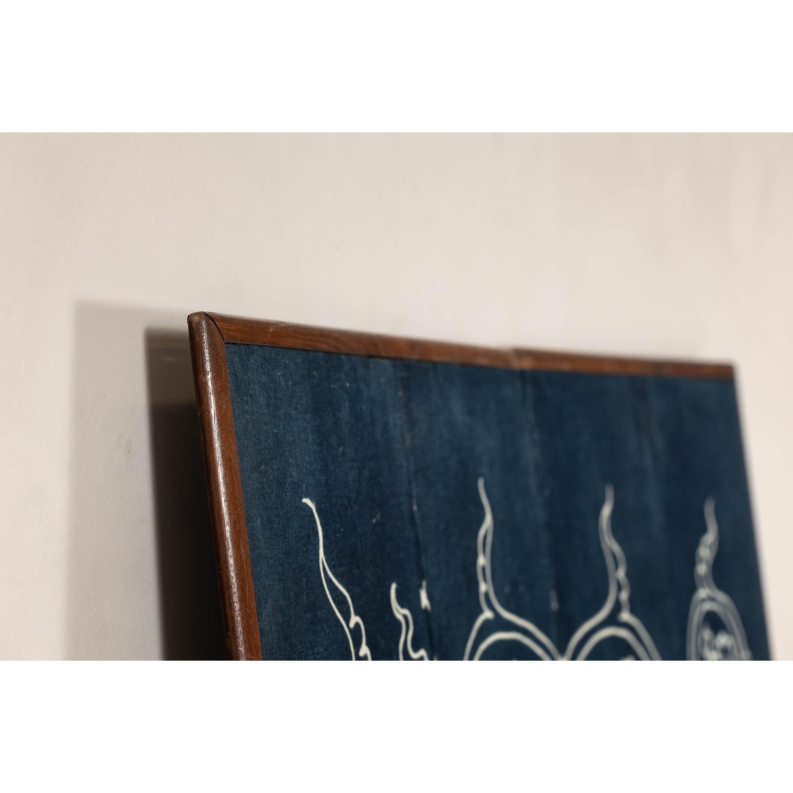 Indigo Panel with Crest Motif in Wooden Frame