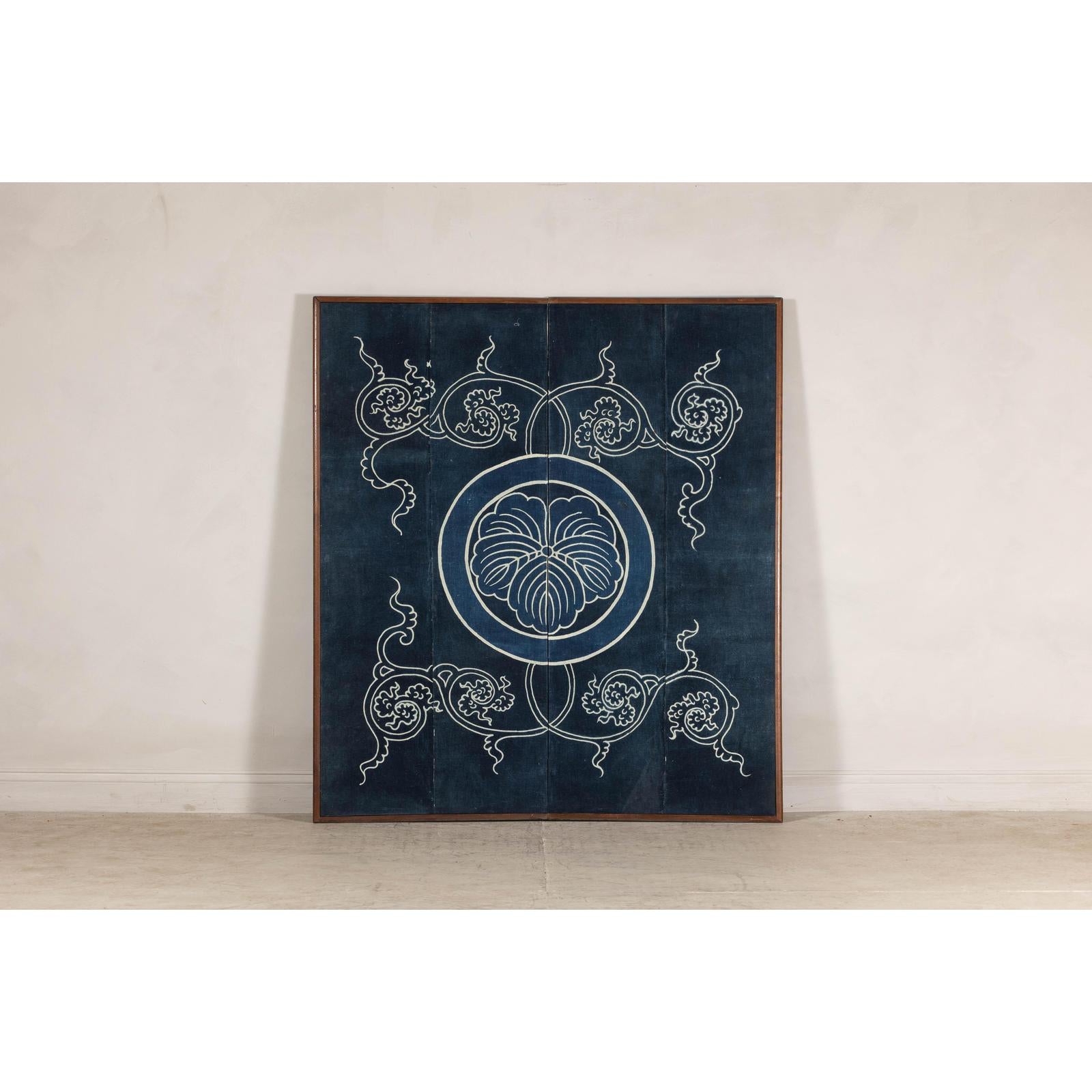 Indigo Panel with Crest Motif in Wooden Frame