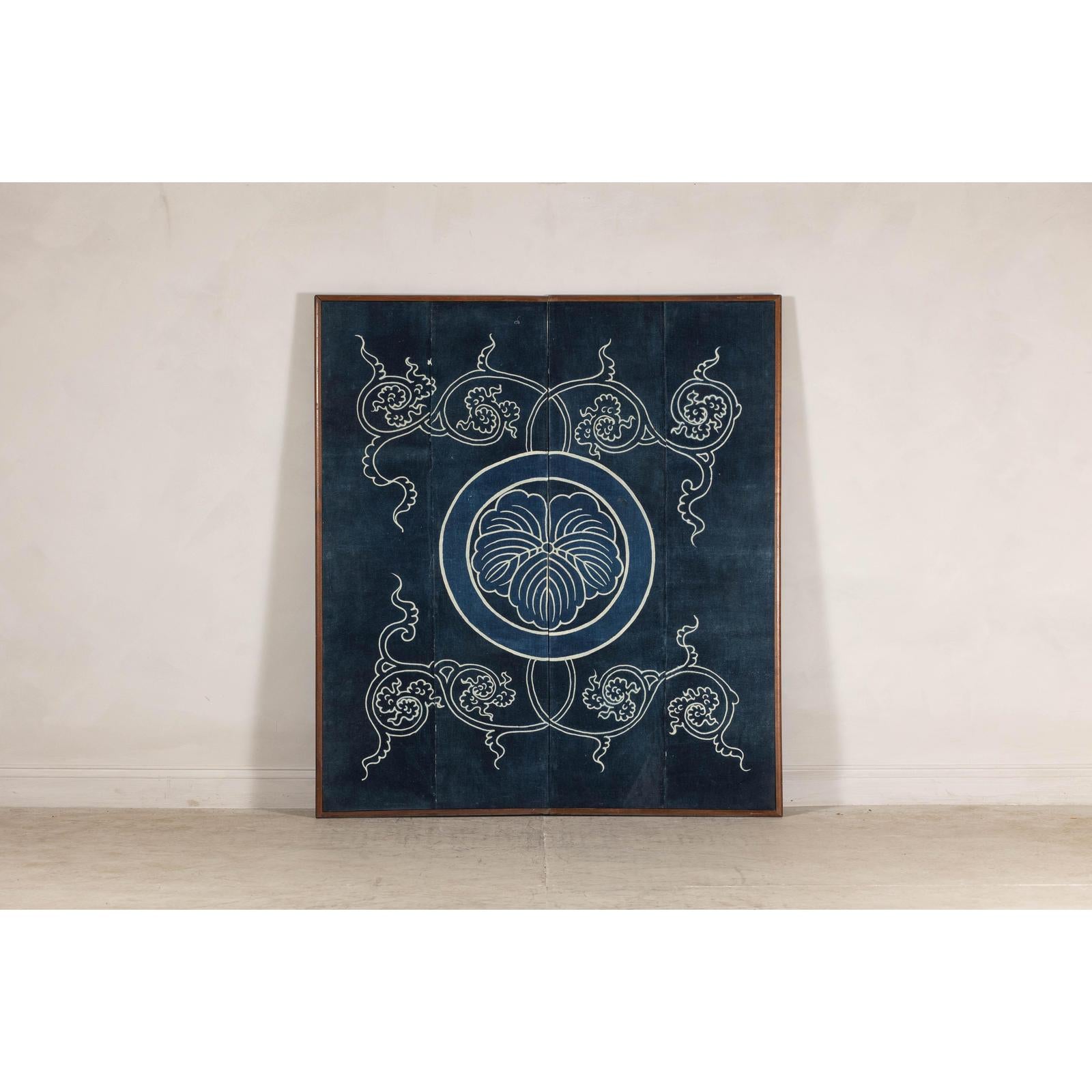 Indigo Panel with Crest Motif in Wooden Frame