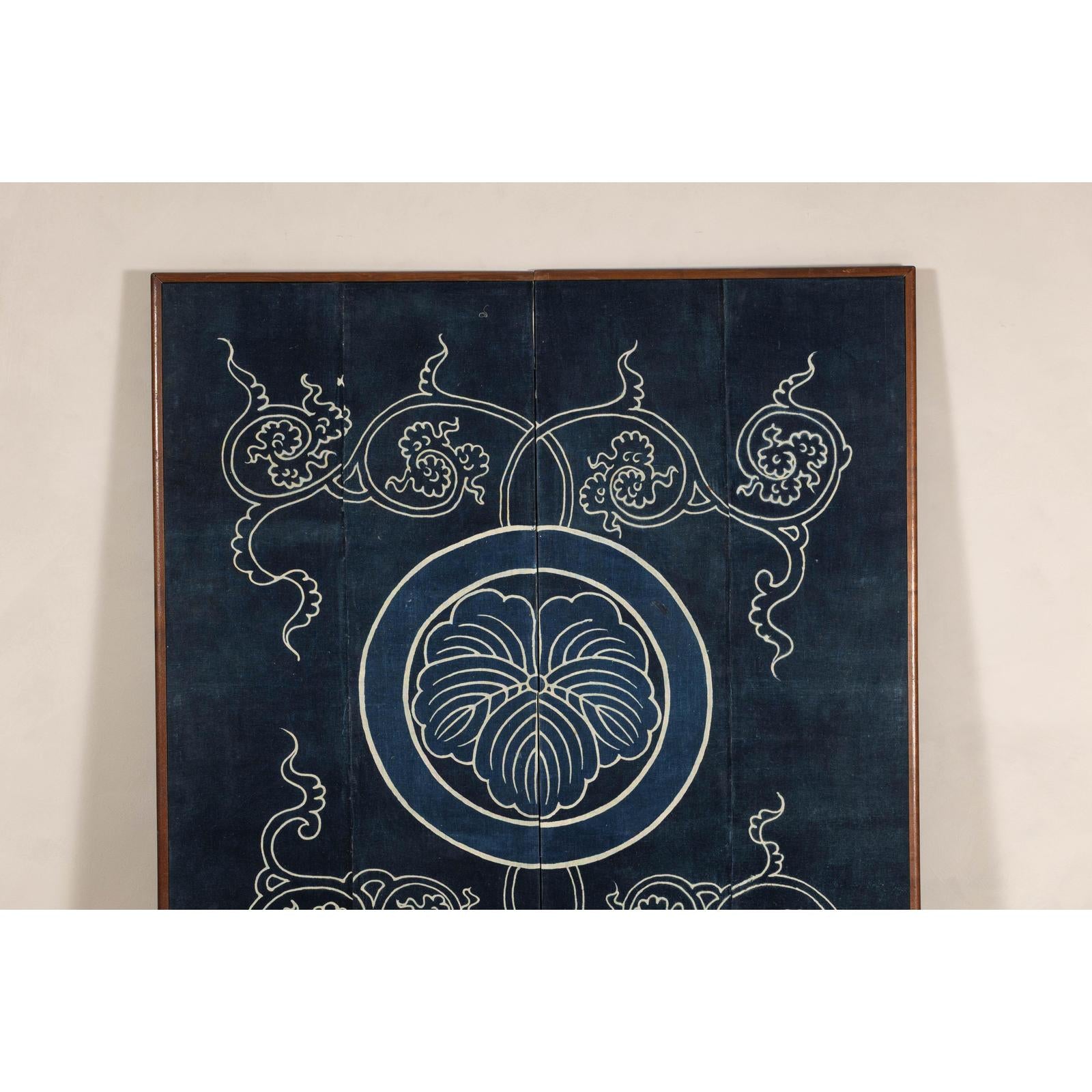 Indigo Panel with Crest Motif in Wooden Frame