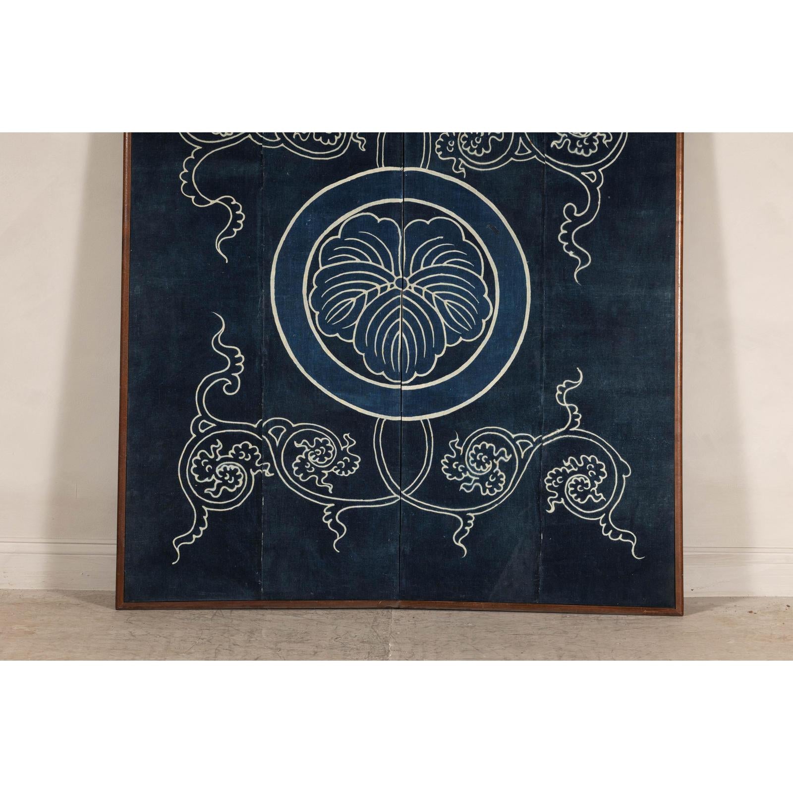 Indigo Panel with Crest Motif in Wooden Frame
