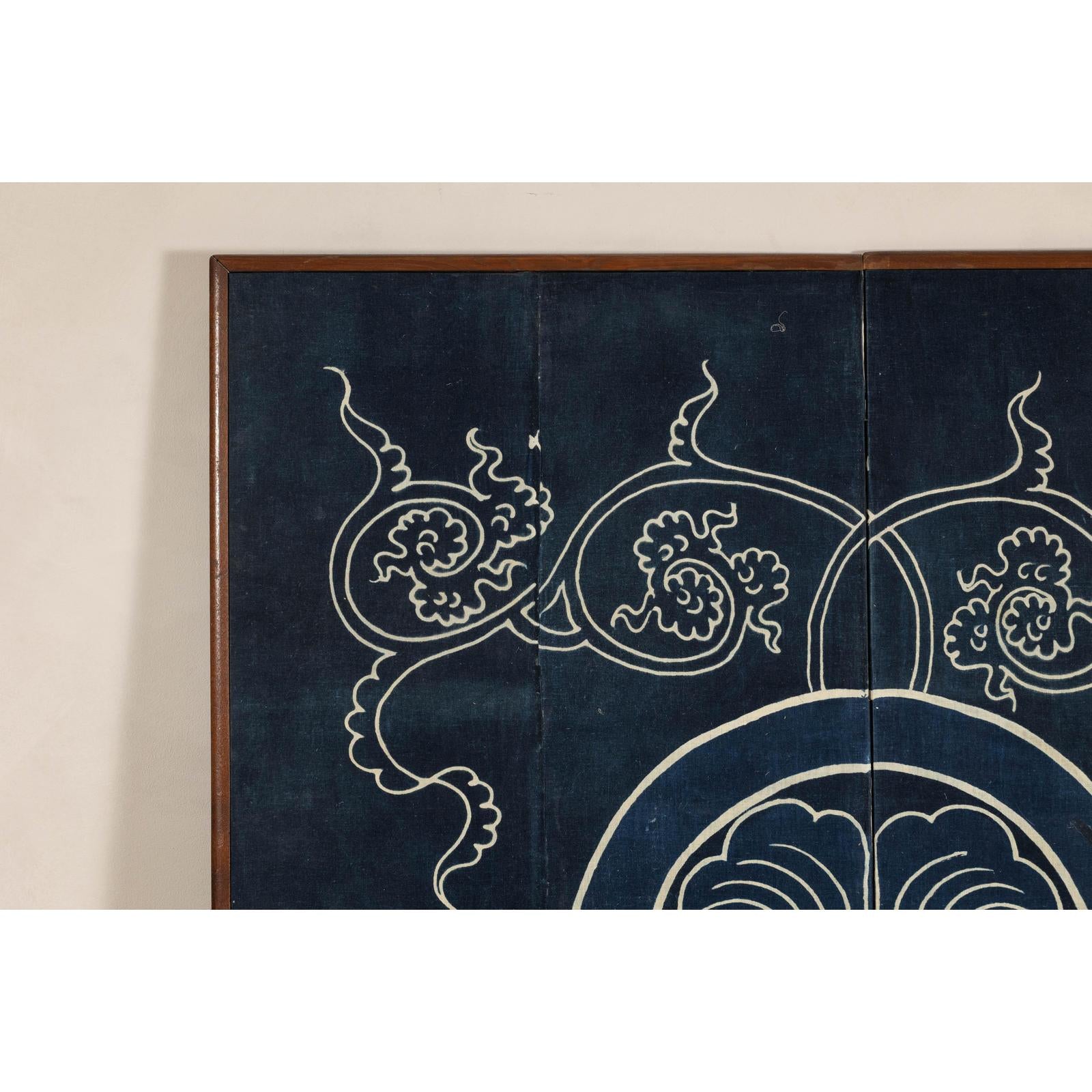Indigo Panel with Crest Motif in Wooden Frame