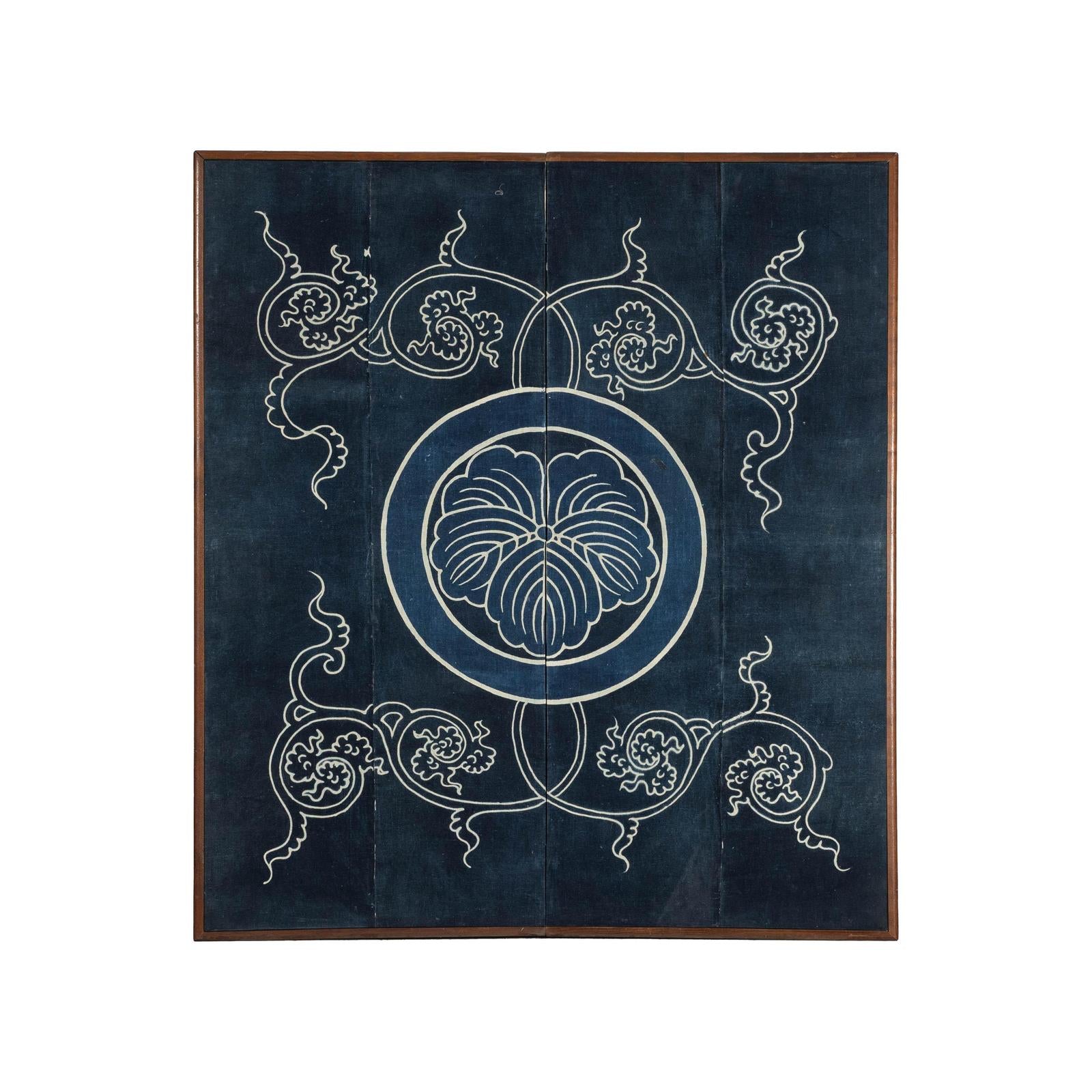 Indigo Panel with Crest Motif in Wooden Frame