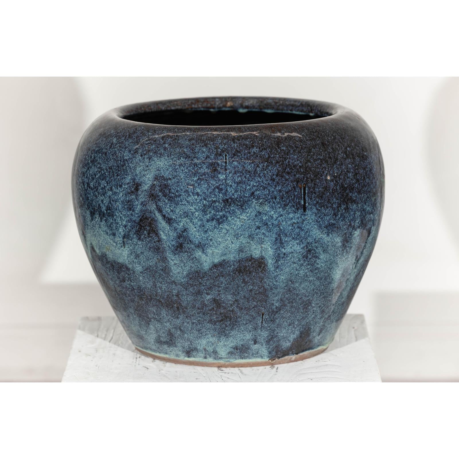 Large Blue and Aqua Glazed Ceramic Planter with Rounded Form