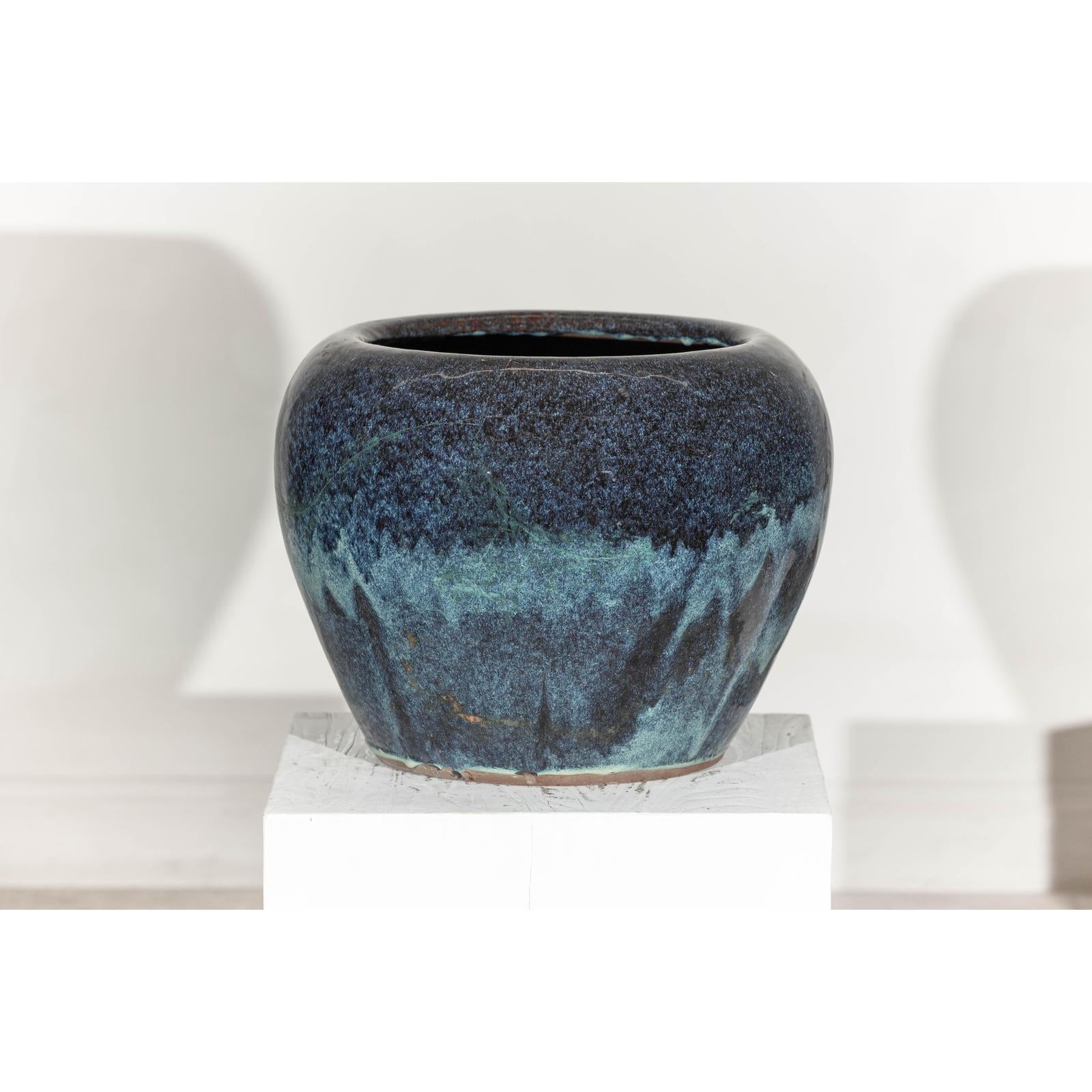 Large Blue and Aqua Glazed Ceramic Planter with Rounded Form