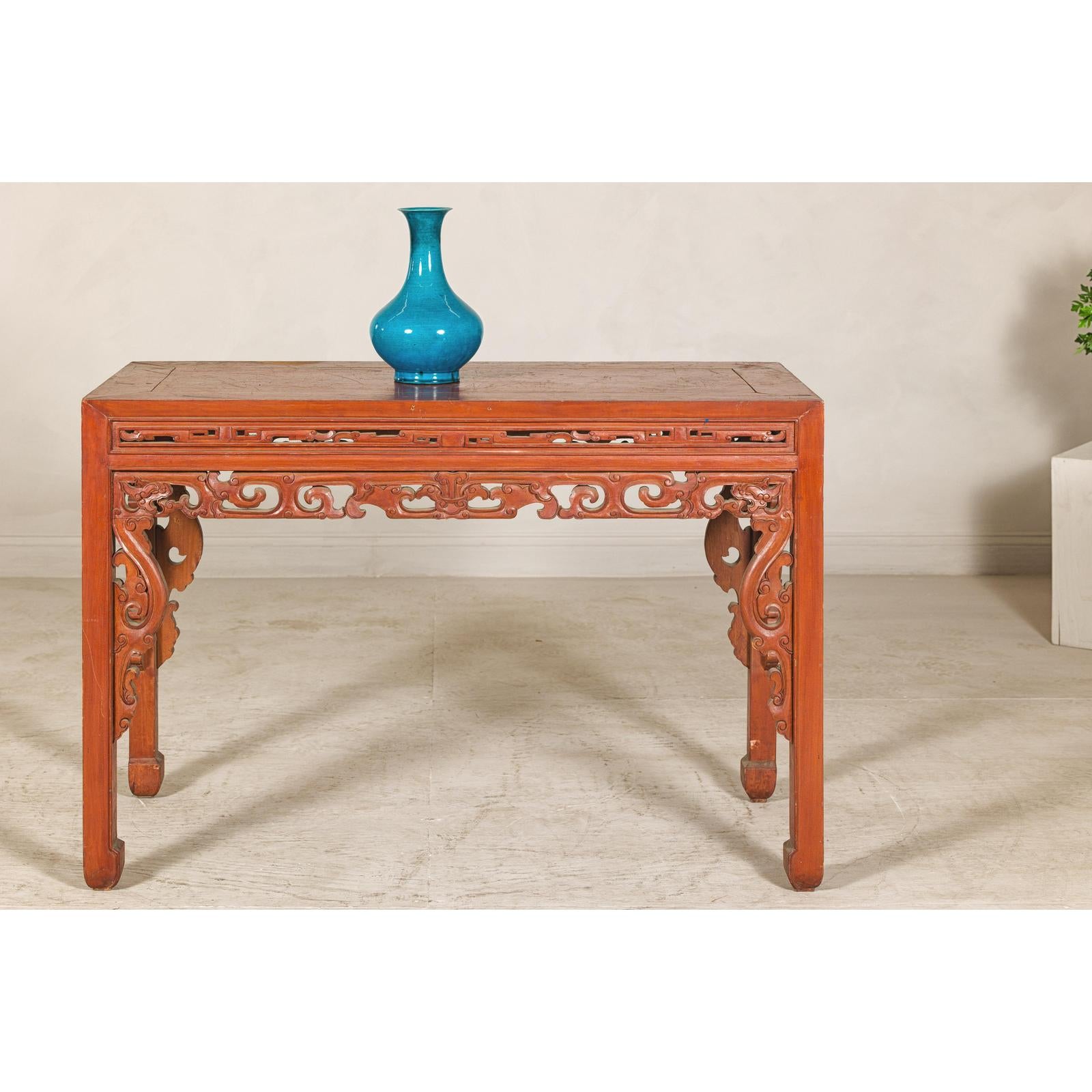 Console Table with Carved Waist in Jumu Wood, Late Qing Cinnabar Finish