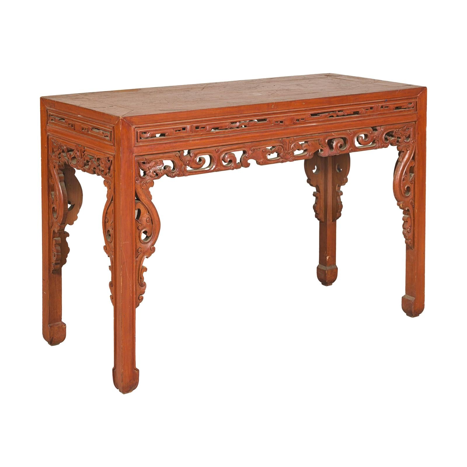 Console Table with Carved Waist in Jumu Wood, Late Qing Cinnabar Finish