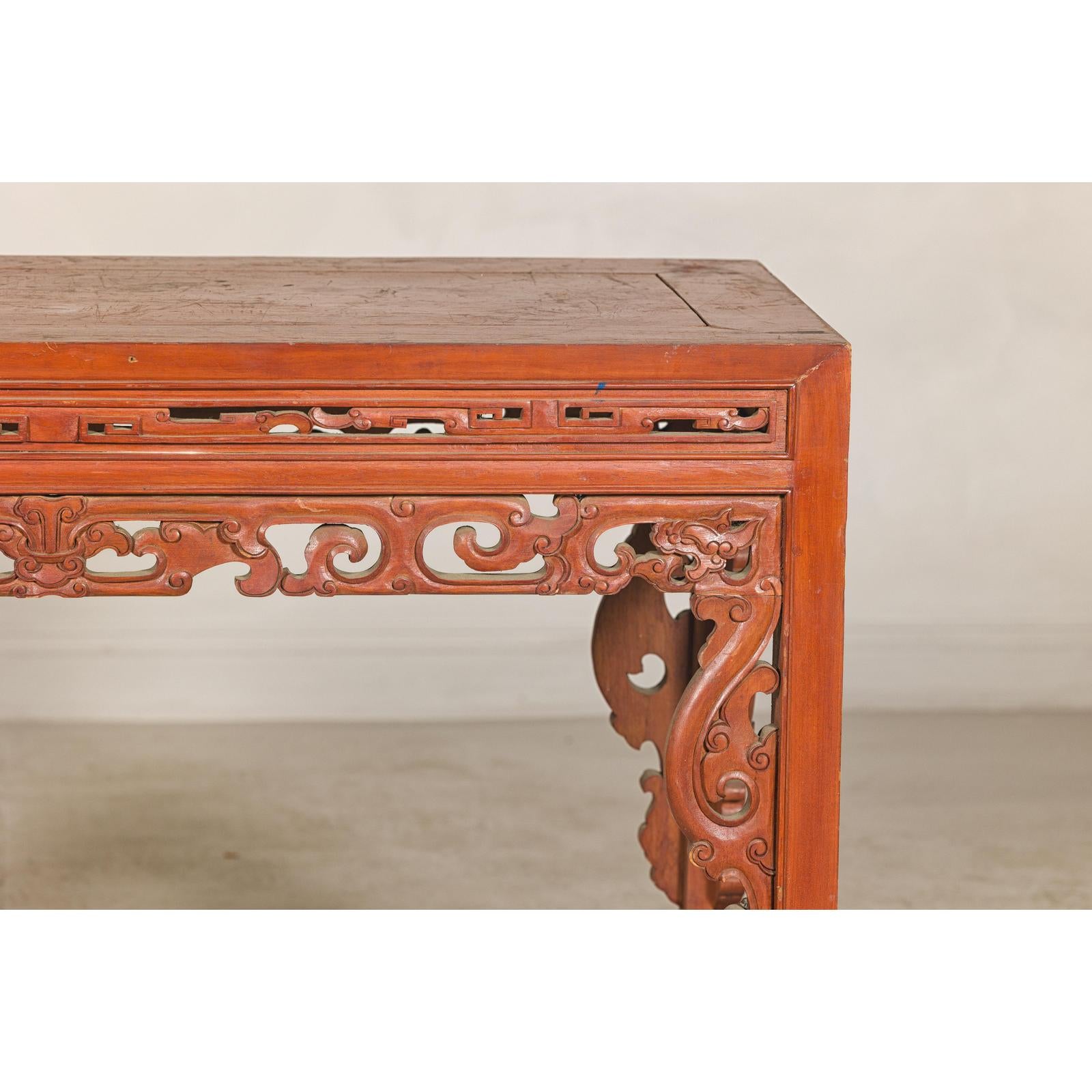 Console Table with Carved Waist in Jumu Wood, Late Qing Cinnabar Finish