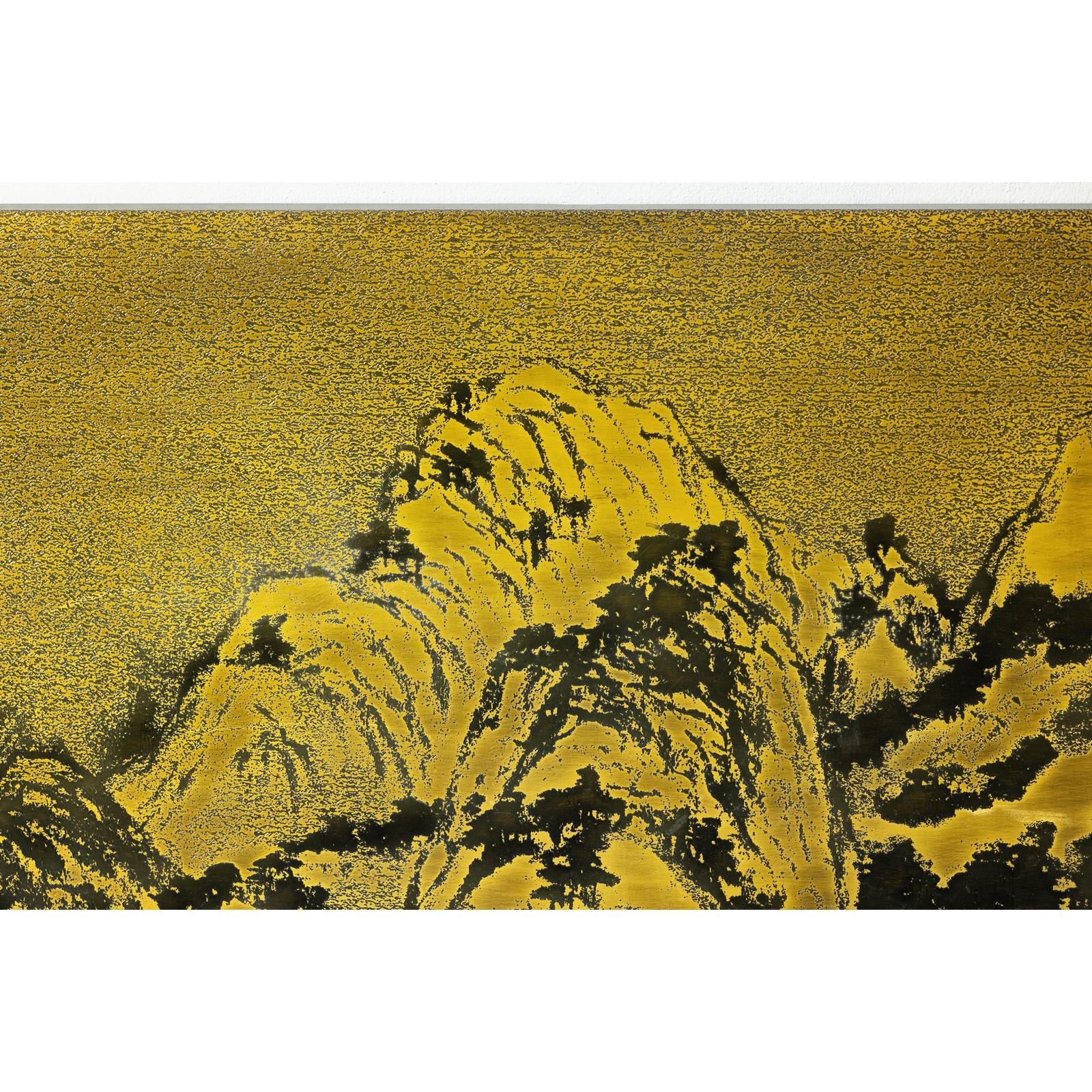Expansive Chinese Metal Wall Art with Gold and Black Mountainous Scene