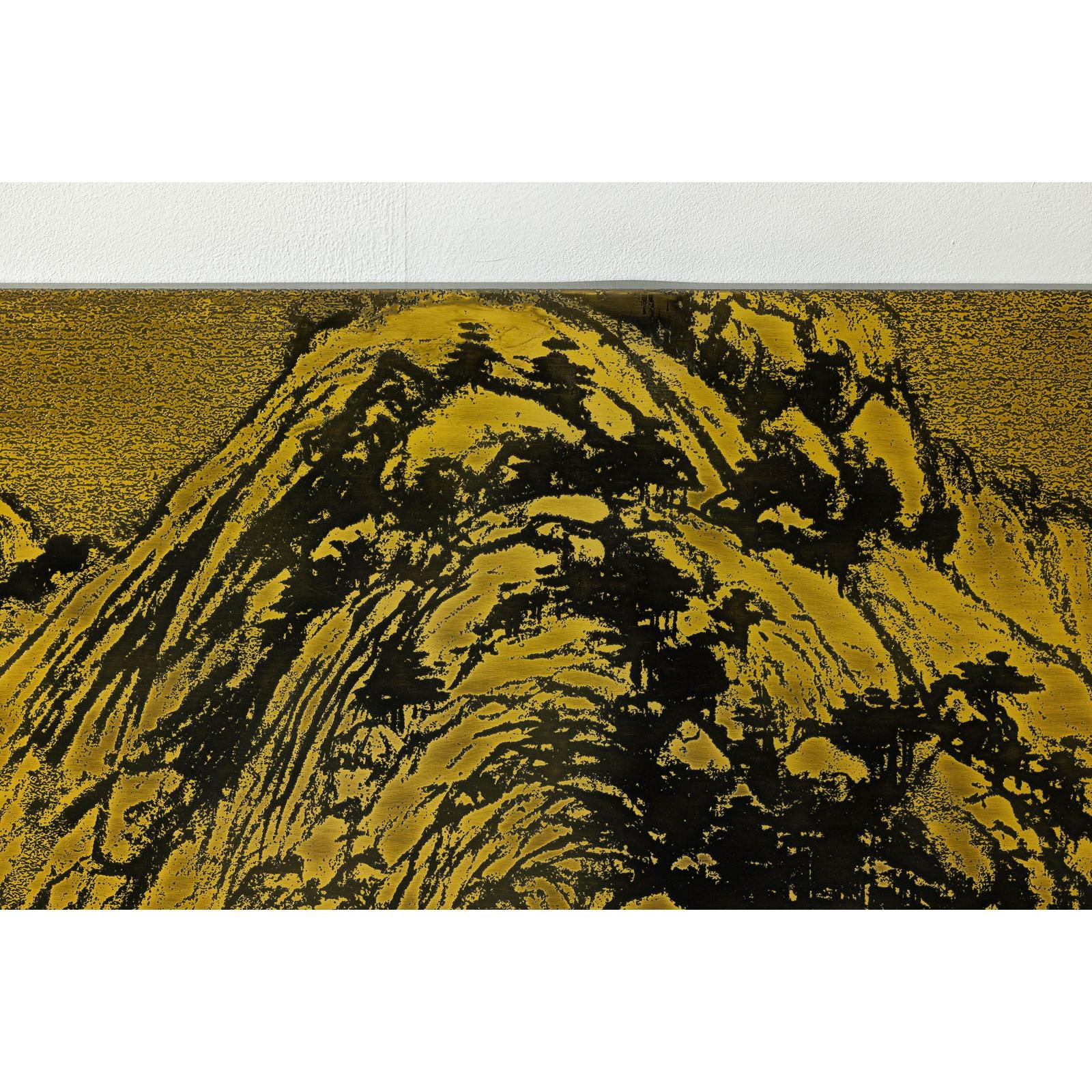 Expansive Chinese Metal Wall Art with Gold and Black Mountainous Scene