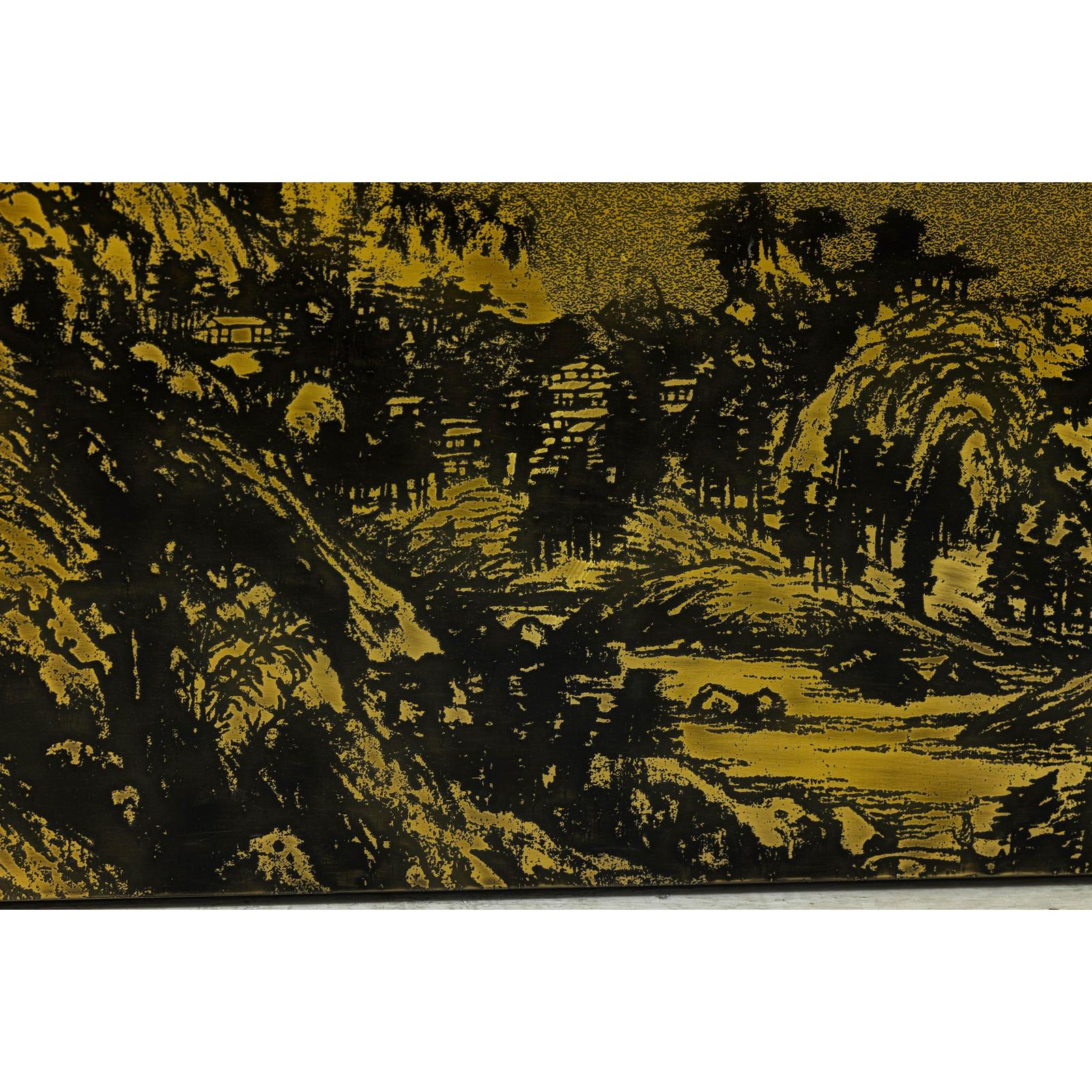 Expansive Chinese Metal Wall Art with Gold and Black Mountainous Scene
