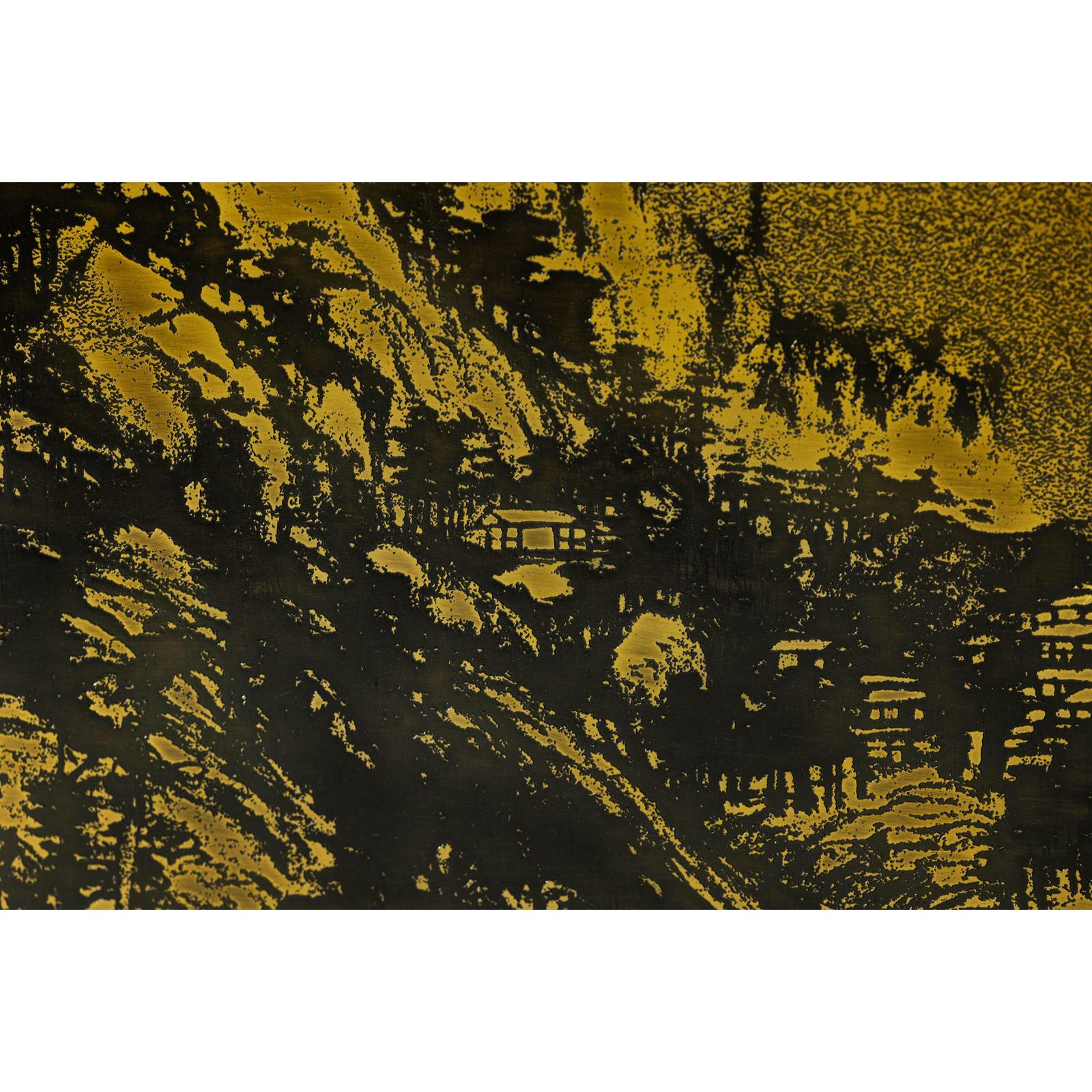 Expansive Chinese Metal Wall Art with Gold and Black Mountainous Scene