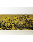 Expansive Chinese Metal Wall Art with Gold and Black Mountainous Scene