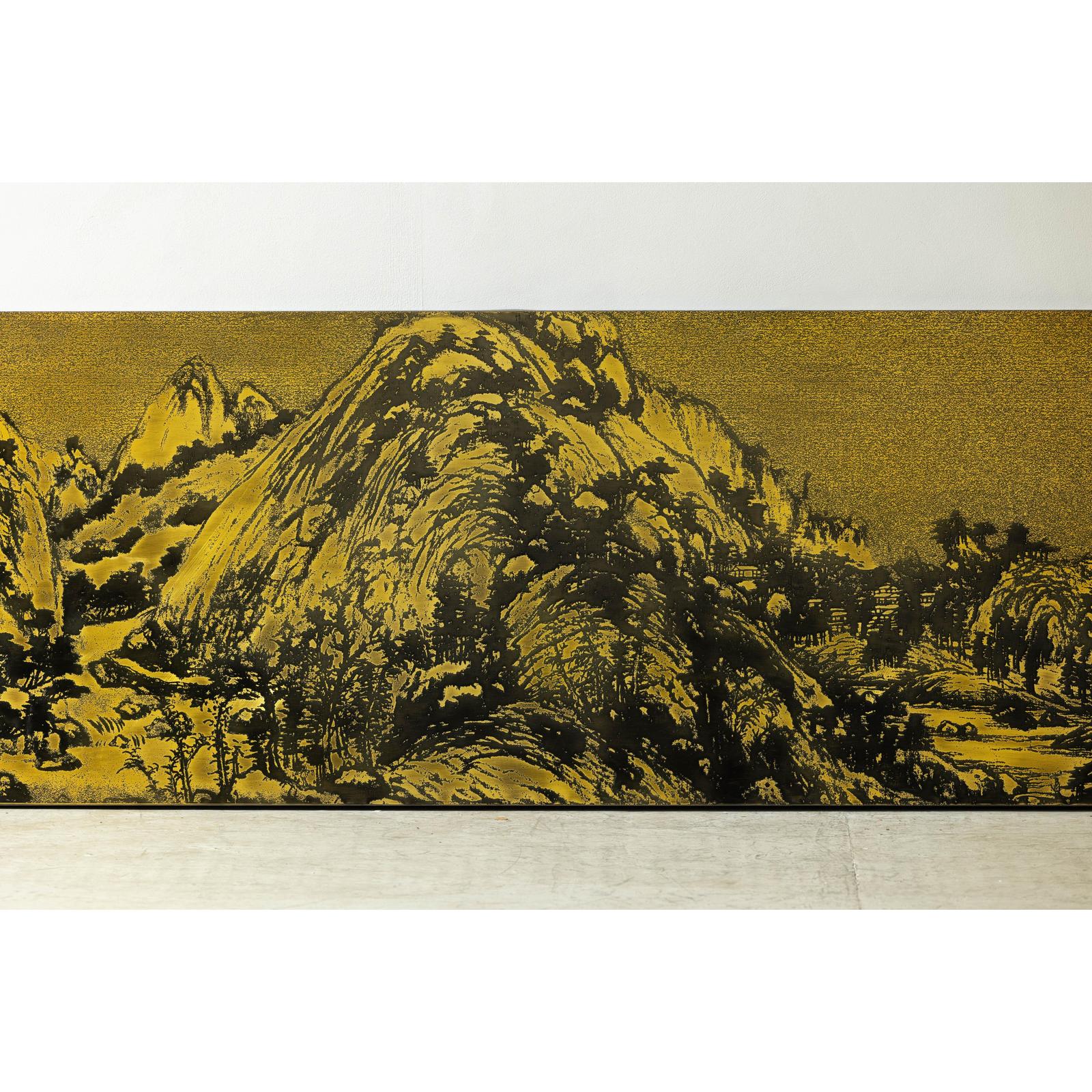 Expansive Chinese Metal Wall Art with Gold and Black Mountainous Scene