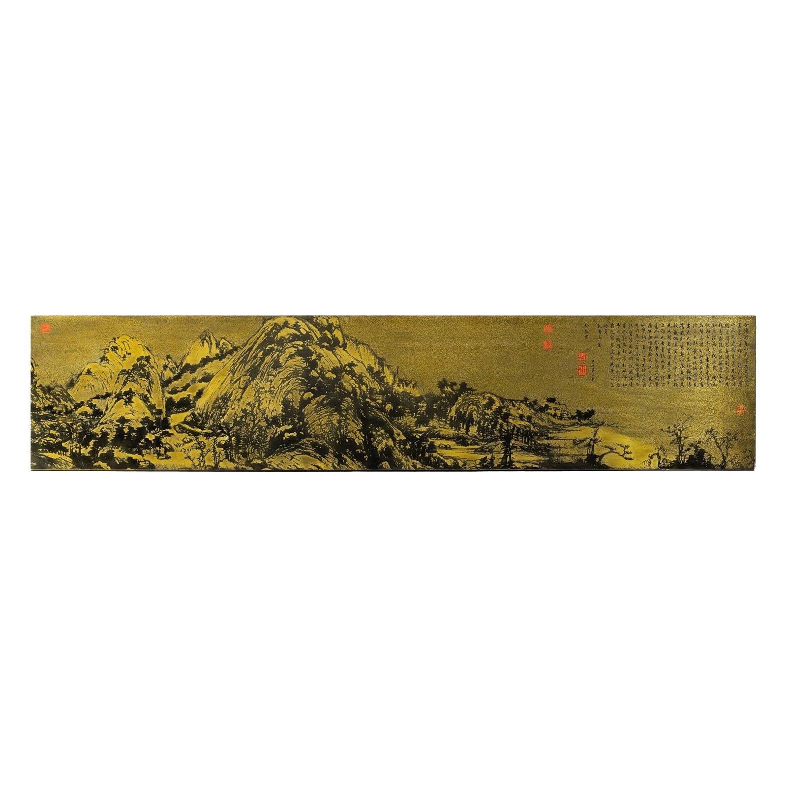 Expansive Chinese Metal Wall Art with Gold and Black Mountainous Scene