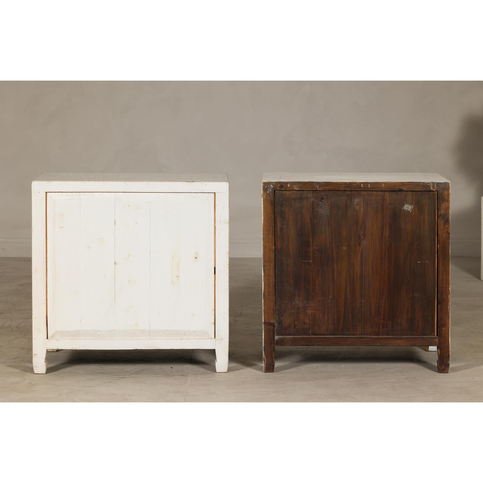 Vintage Distressed White Lacquer Apothecary Chests – Near Pair with Nine Drawers