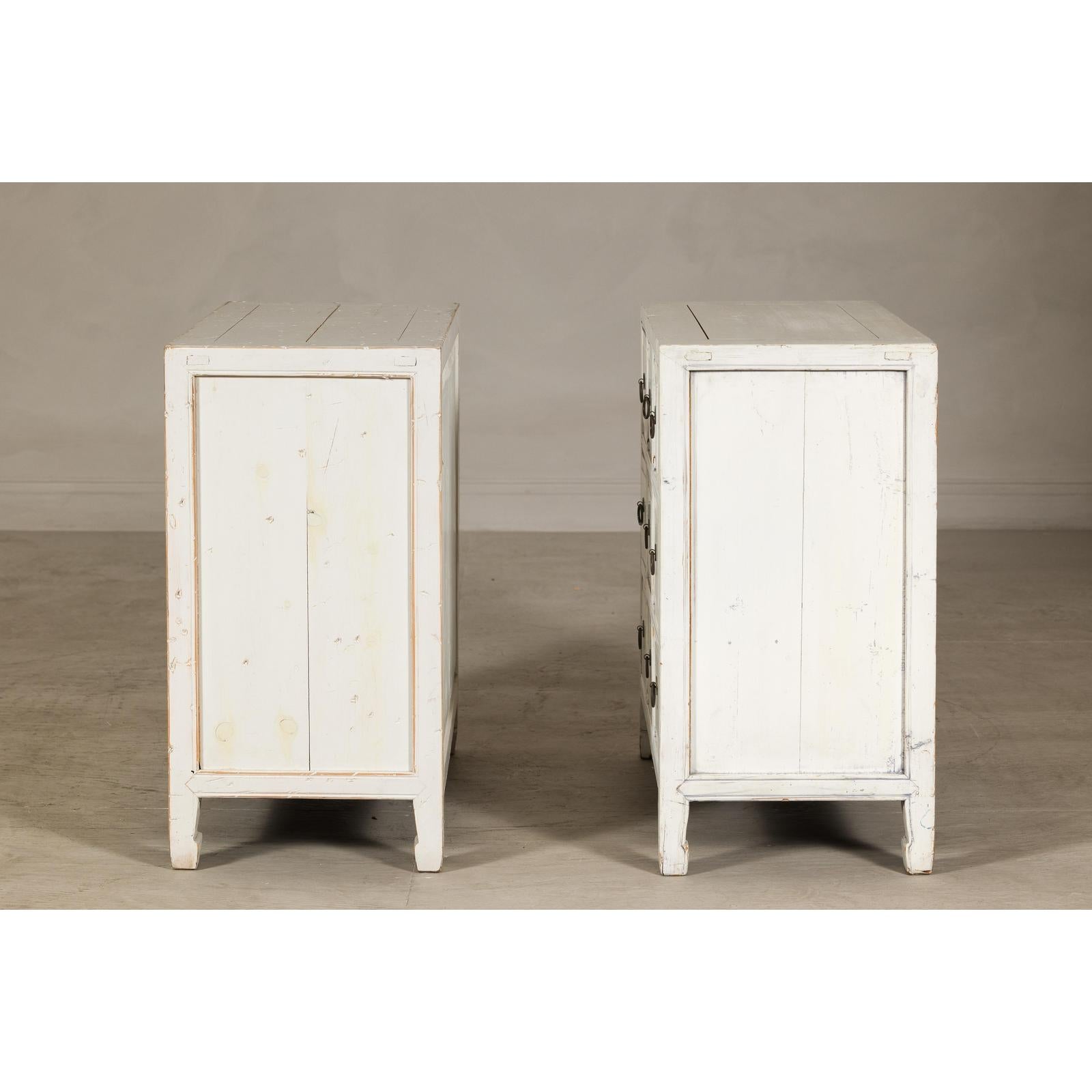 Vintage Distressed White Lacquer Apothecary Chests – Near Pair with Nine Drawers