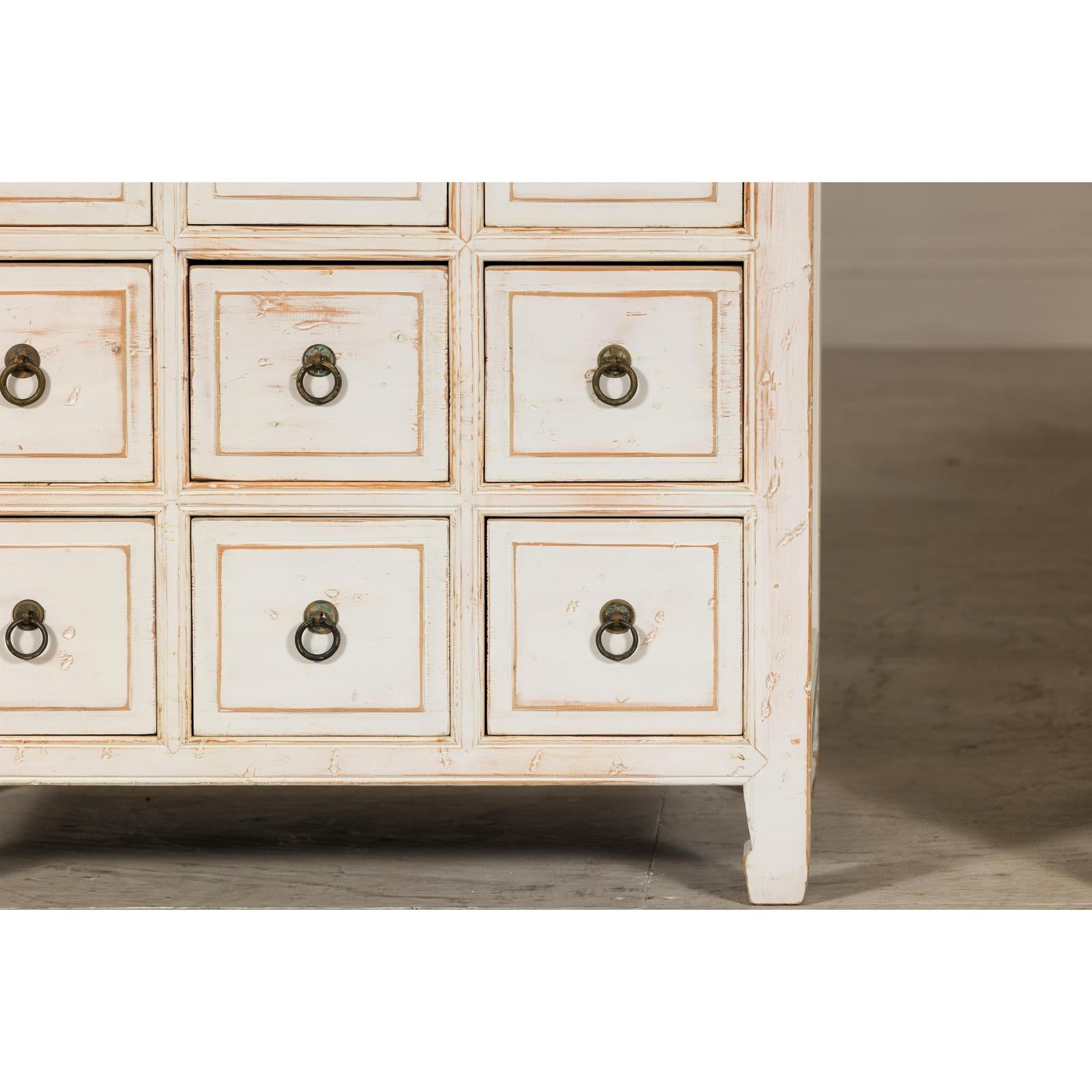 Vintage Distressed White Lacquer Apothecary Chests – Near Pair with Nine Drawers
