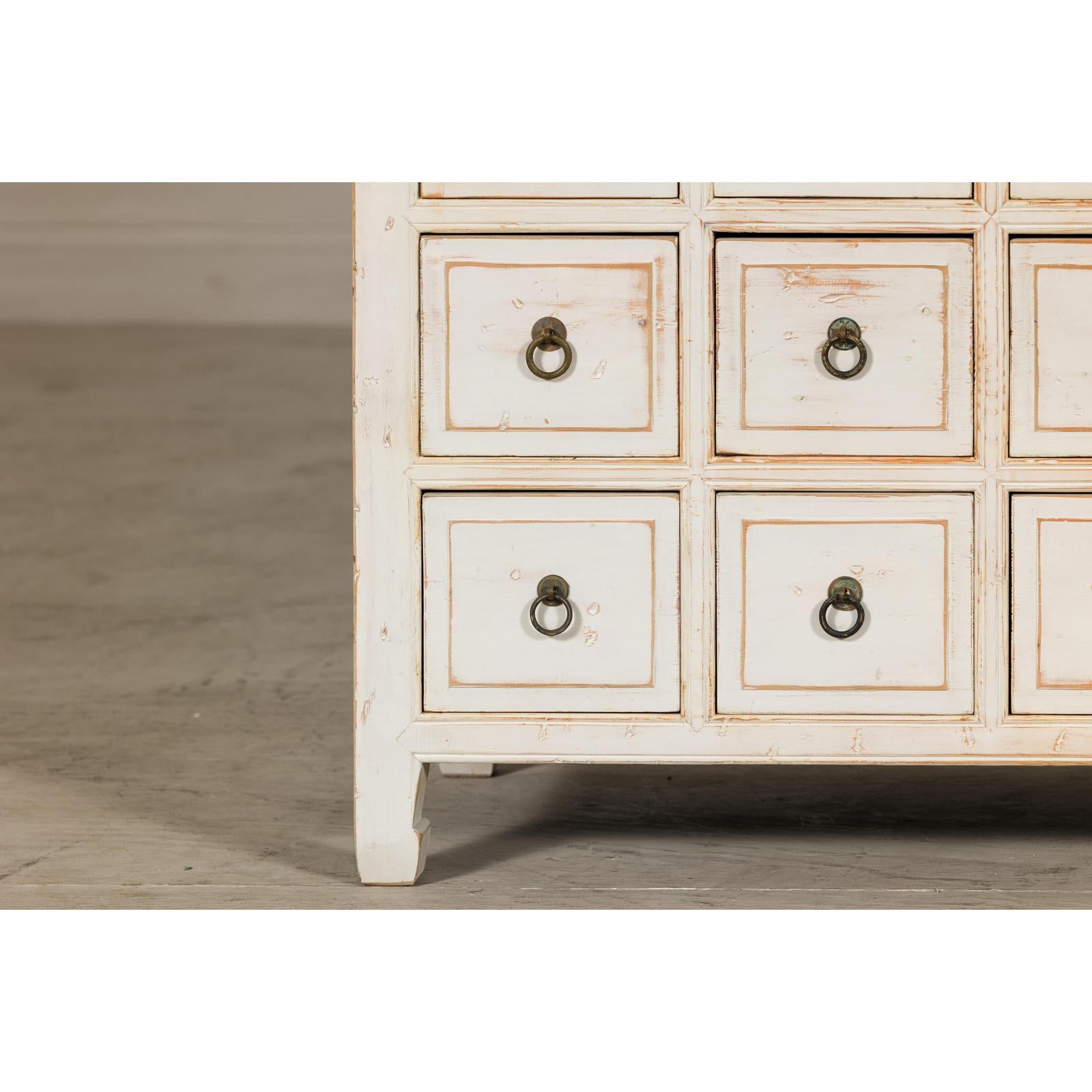 Vintage Distressed White Lacquer Apothecary Chests – Near Pair with Nine Drawers
