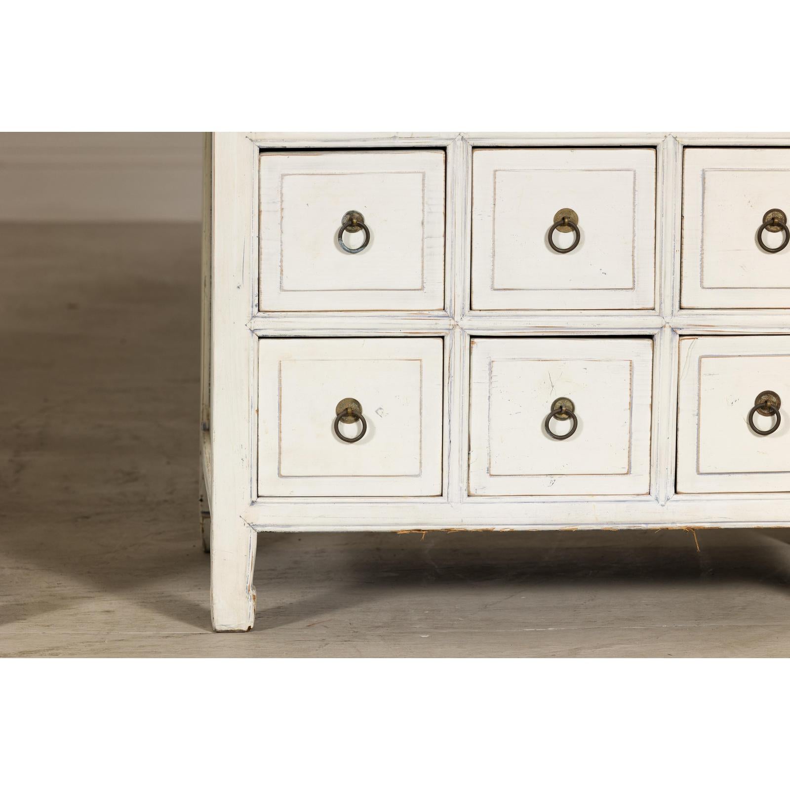 Vintage Distressed White Lacquer Apothecary Chests – Near Pair with Nine Drawers