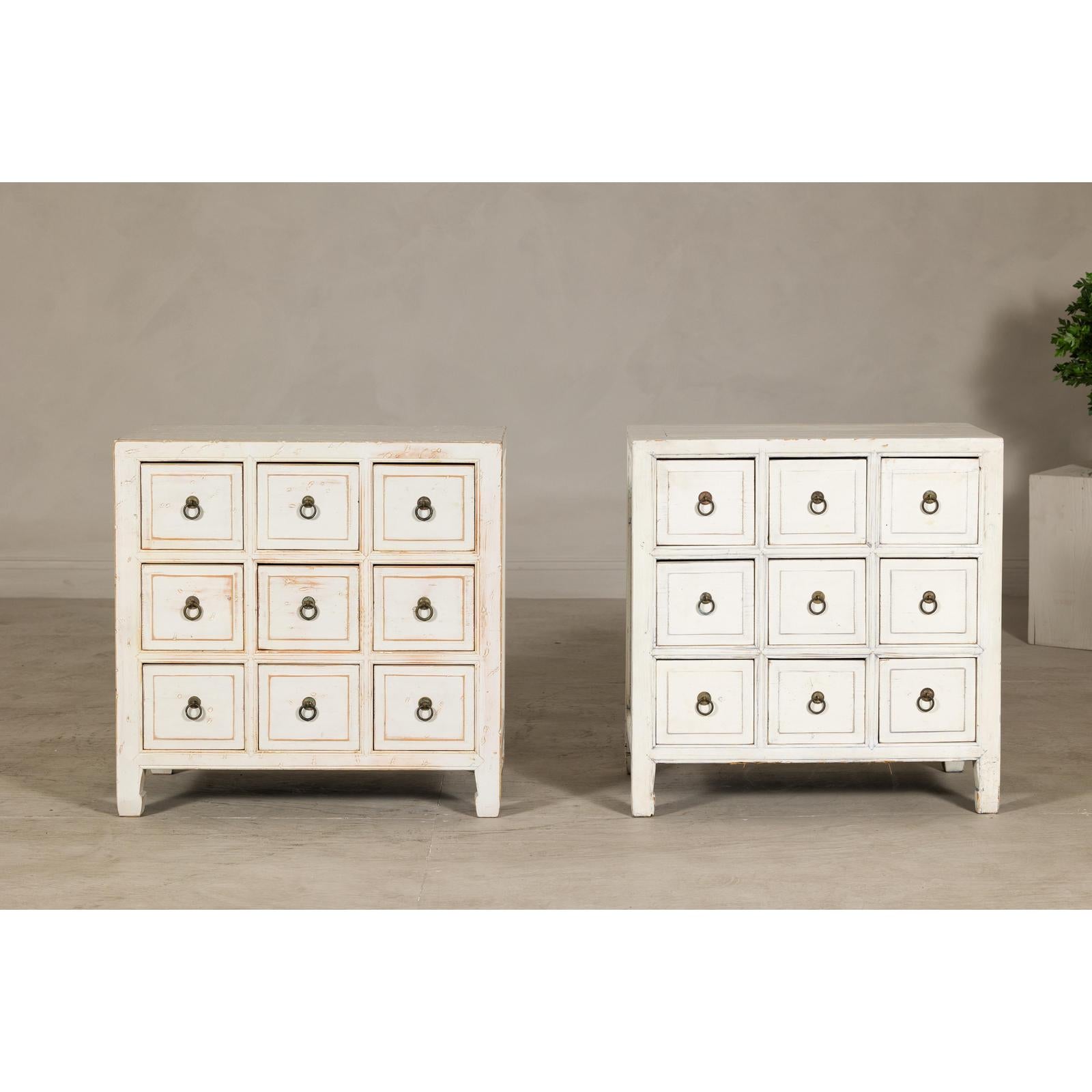 Vintage Distressed White Lacquer Apothecary Chests – Near Pair with Nine Drawers