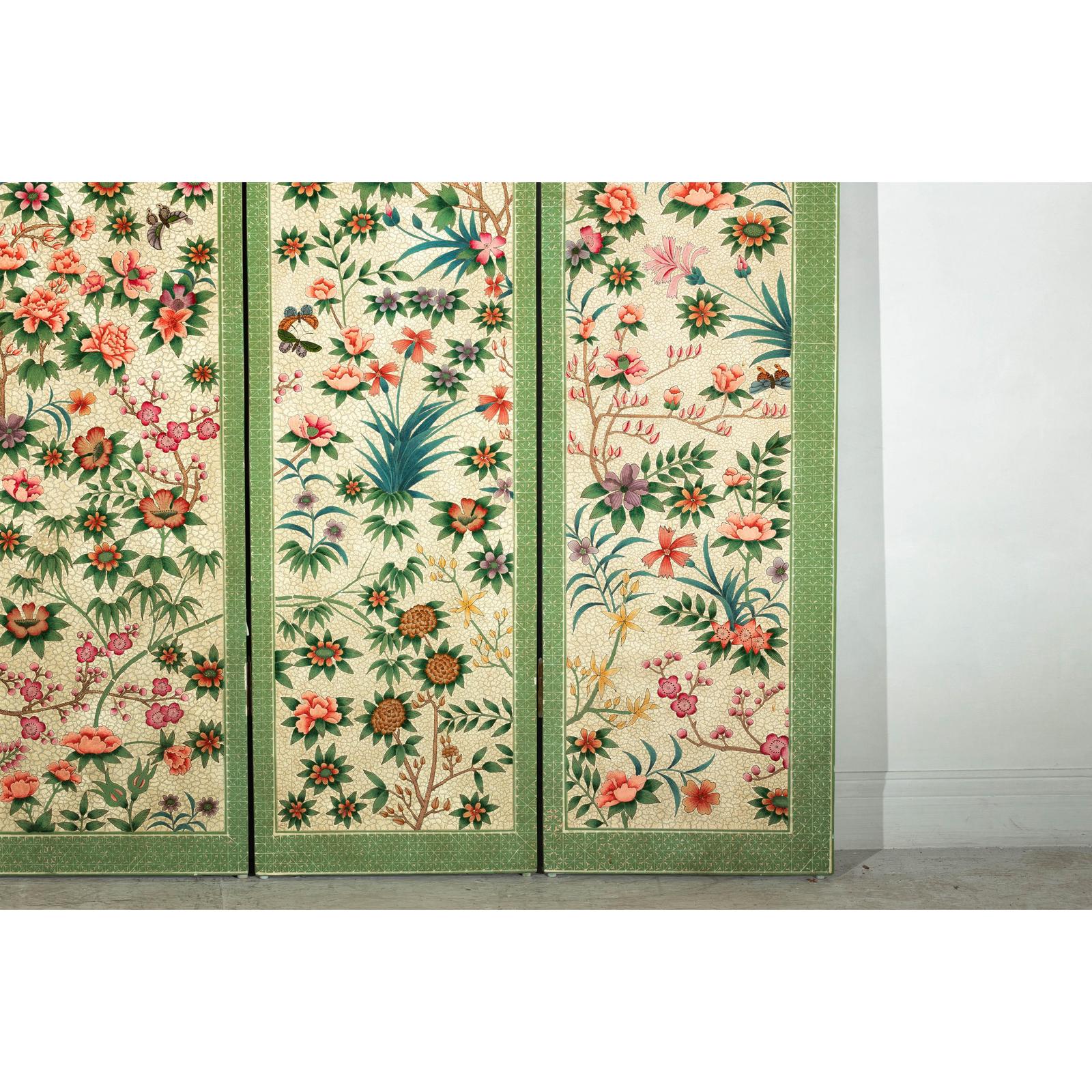 Hand-Painted Floral Screen with Butterflies, Vintage Four-Panel Divider